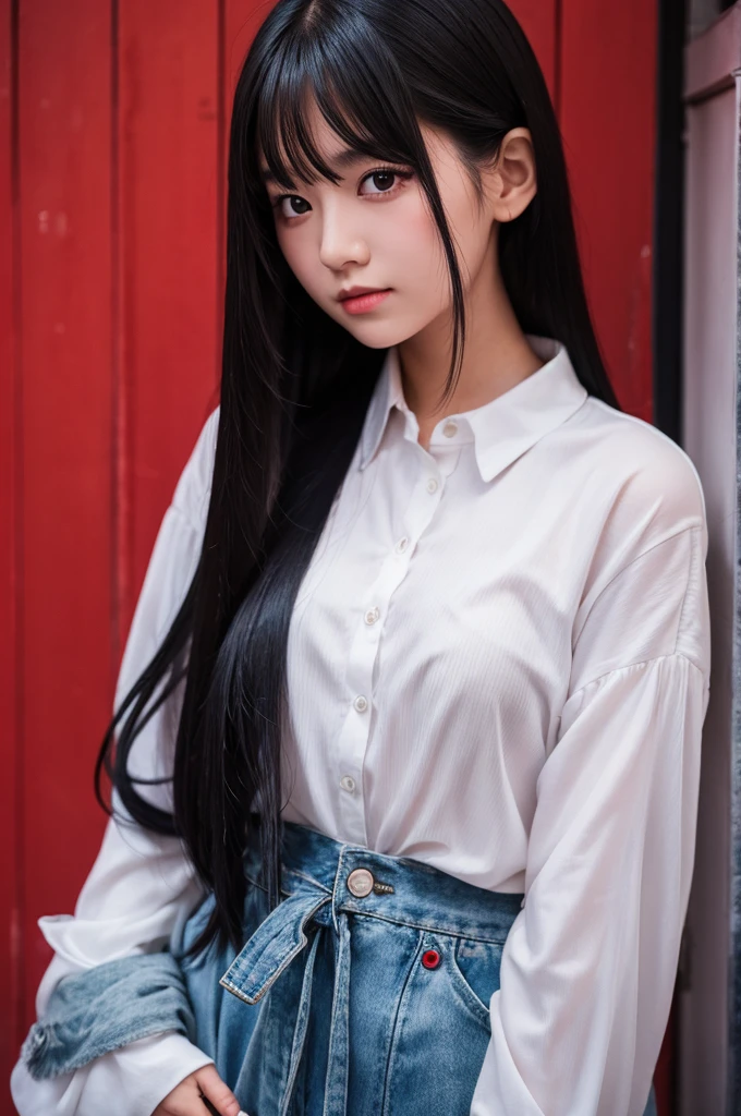 A girl with long black hair and red eyes