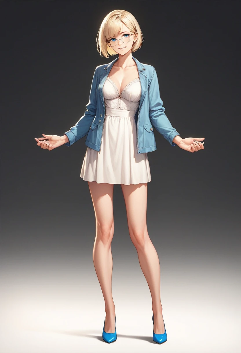 beautiful woman, solo, full body, standing, medium bob cut blonde hair, light blue eyes, two points glasses, medium breasts, blue opened jacket, white blouse, white long flare skirt, beautiful knee, blue high heels, soft smile, perfect hands with 5 fingers, black background, no background
