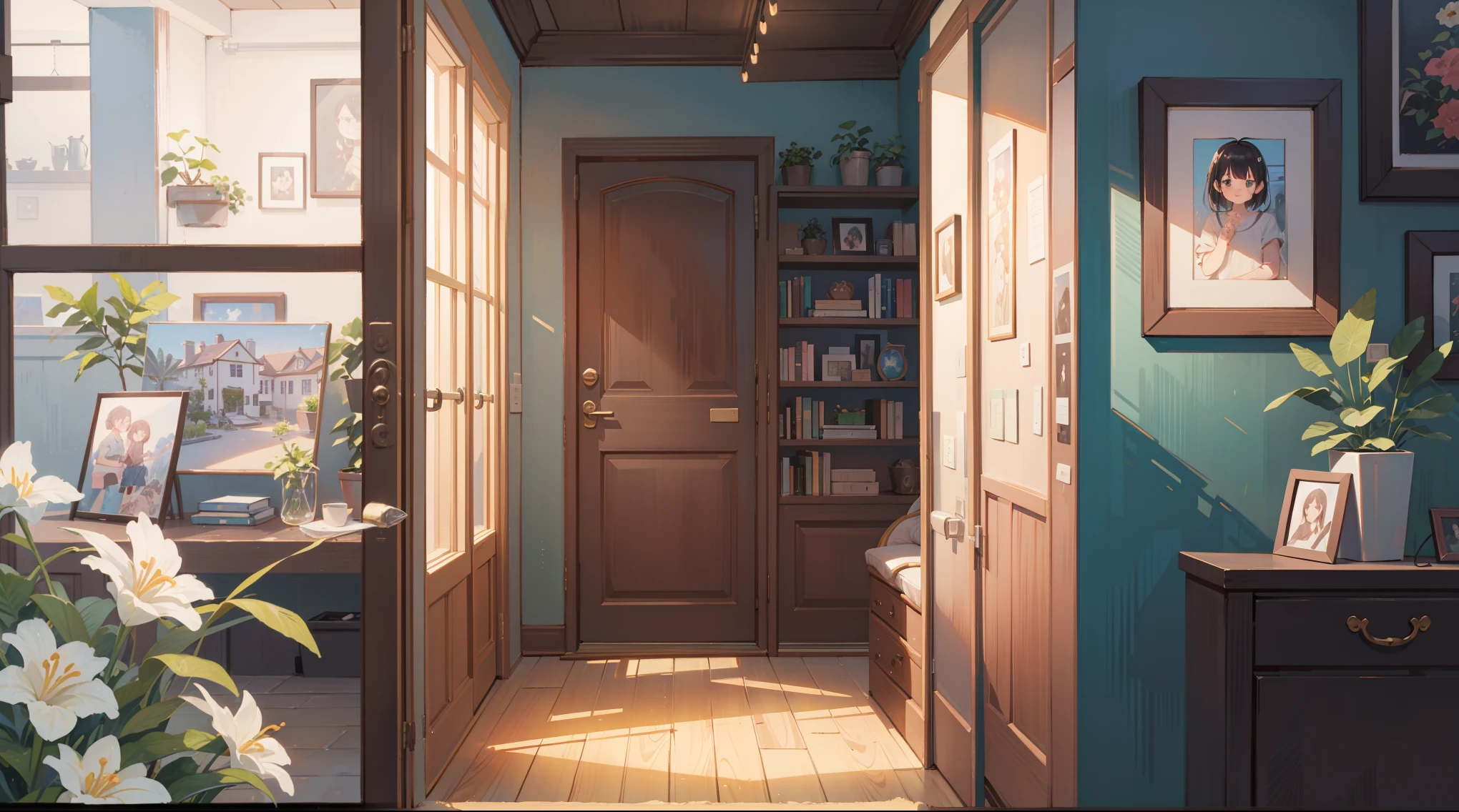 (Masterpiece), Best quality, Ultra-high resolution, detailed structure, Detailed architecture, (Warm pastel colors), indoor，（nobody：1.5）Pull the door frame to see the living room，Behind is the living room, plant, Stamens, indoor。Entrance