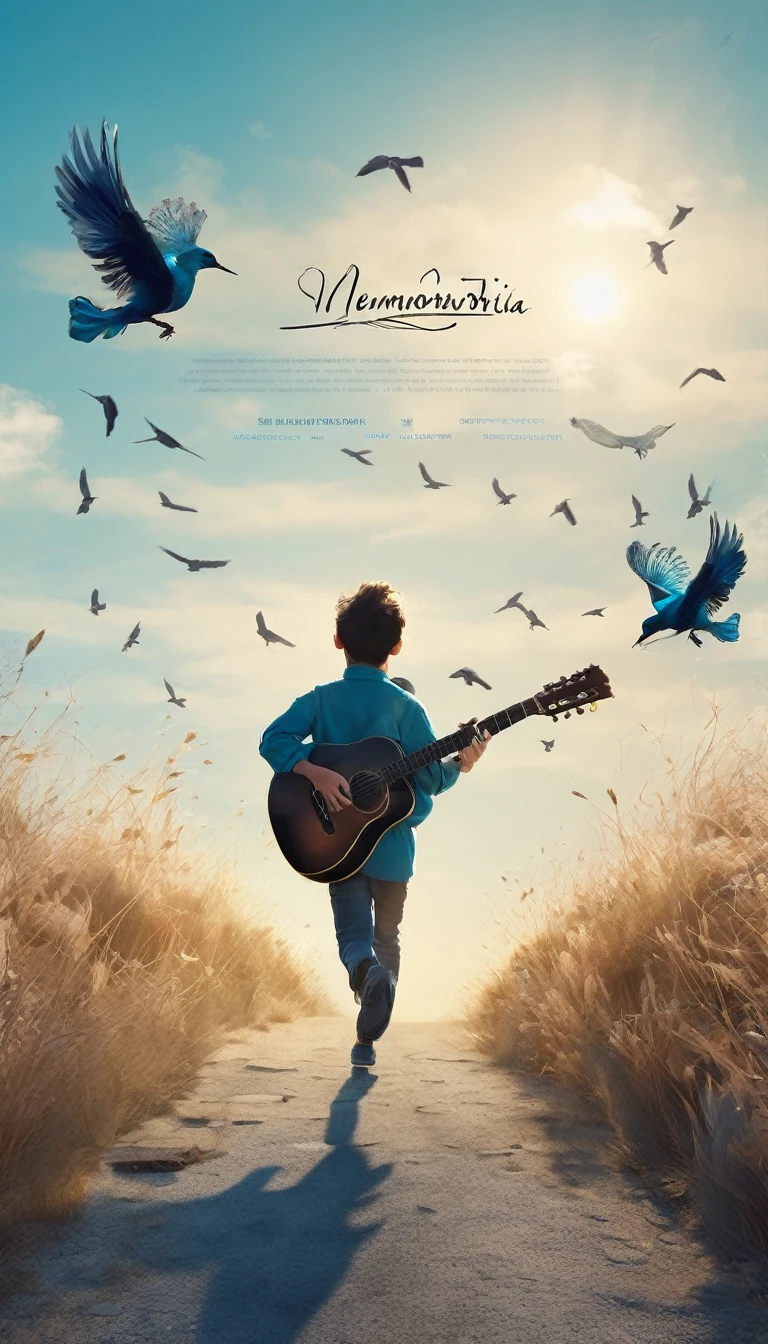 Create a professional, fantastic, cinematic Youtube Banner for a brand about music and stories called " Penamemoria". Masterpiece, 4k, sharp focus, highest quality,wide shot. The title is " Penamemoria". Is a brand about the creative, unique journey of a boy into becoming a musician storyteller. In his journey he finds inspiration in a world of birds and feathers. Minimalistic, simple, poetic, dreamy logotype at the center of the image. The Background image is a world full of fantastic feathers, unique birds, light blue sky, and a boy running happily into the horizon with an acoustic guitar in his right hand. Boy running against the wind, almost simulating like he is flying