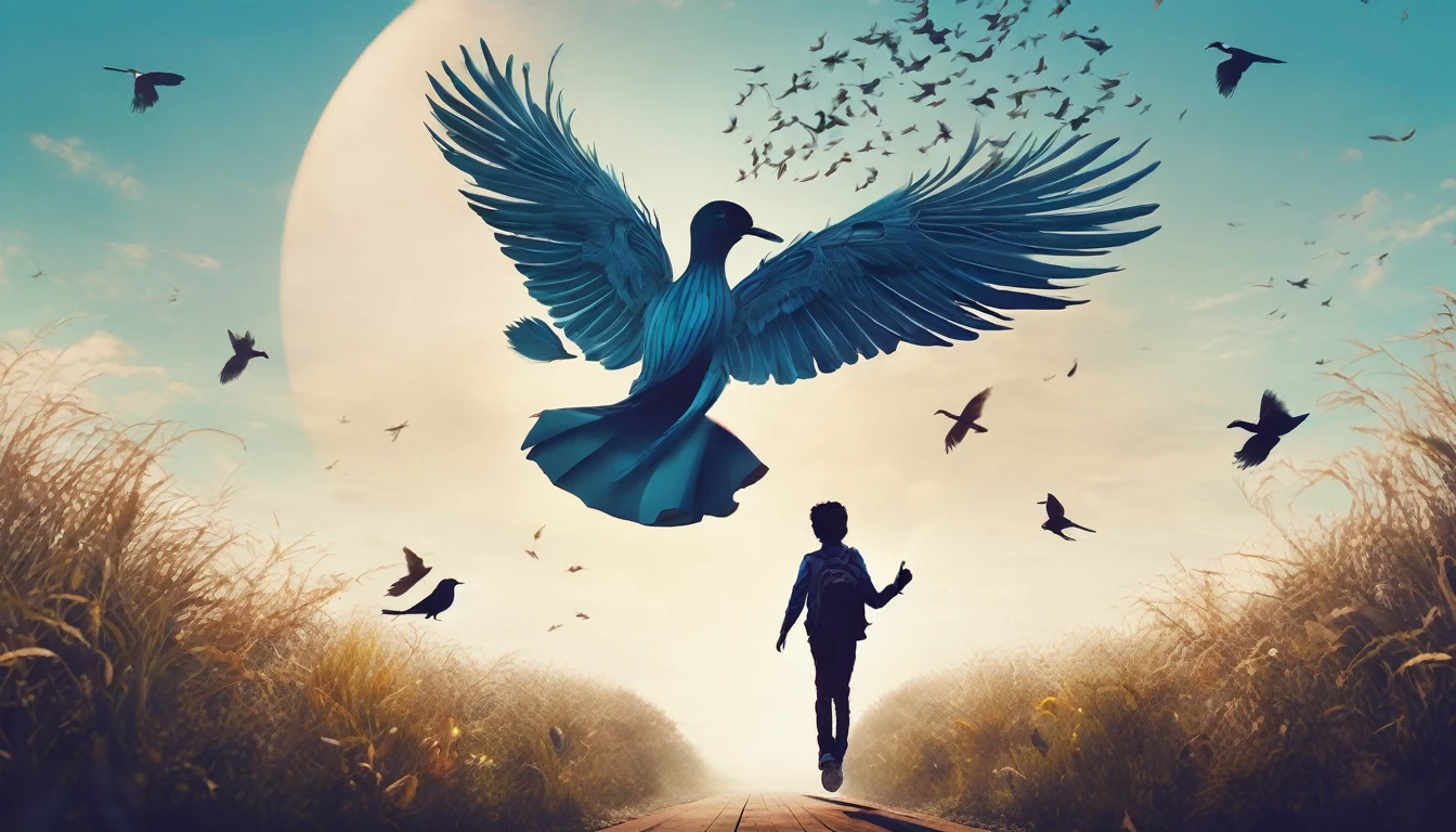 Create a professional, fantastic, cinematic Youtube Banner for a brand about music and stories called " Penamemoria". Masterpiece, 4k, sharp focus, highest quality,wide shot. The title is " Penamemoria". Is a brand about the creative, unique journey of a boy into becoming a musician storyteller. In his journey he finds inspiration in a world of birds and feathers. Minimalistic, simple, poetic, dreamy logotype at the center of the image. The Background image is a world full of fantastic feathers, unique birds, light blue sky, and a boy running happily into the horizon with an acoustic guitar in his right hand. Boy running against the wind, almost simulating like he is flying