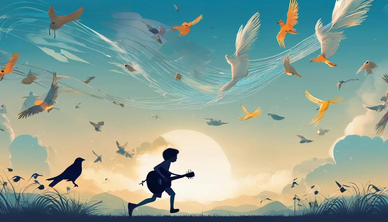 Create a professional, fantastic, cinematic Youtube Banner for a brand about music and stories called " Penamemoria". Masterpiece, 4k, sharp focus, highest quality,wide shot. The title is " Penamemoria". Is a brand about the creative, unique journey of a boy into becoming a musician storyteller. In his journey he finds inspiration in a world of birds and feathers. Minimalistic, simple, poetic, dreamy logotype at the center of the image. The Background image is a world full of fantastic feathers, unique birds, light blue sky, and a boy running happily into the horizon with an acoustic guitar in his right hand. Boy running against the wind, almost simulating like he is flying
