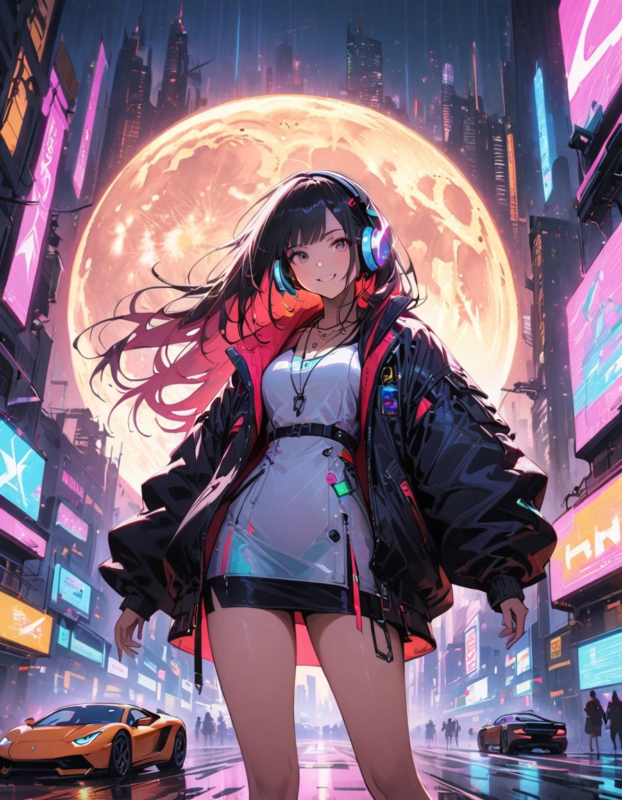 1girl,cyberpunk, Chinese girl, translucent,Wearing headphones,futuristic city, neon lights, high-tech, digital sky, large moon, flying cars, futuristic dress, glowing earphones, jewelry, necklace, long hair, transparent accessories, dynamic pose, smiling, facing camera, ultra-realistic, high-quality, 8K resolution, detailed, futuristic, modern fashion, traditional elements, glowing jewelry, cyberpunk fashion