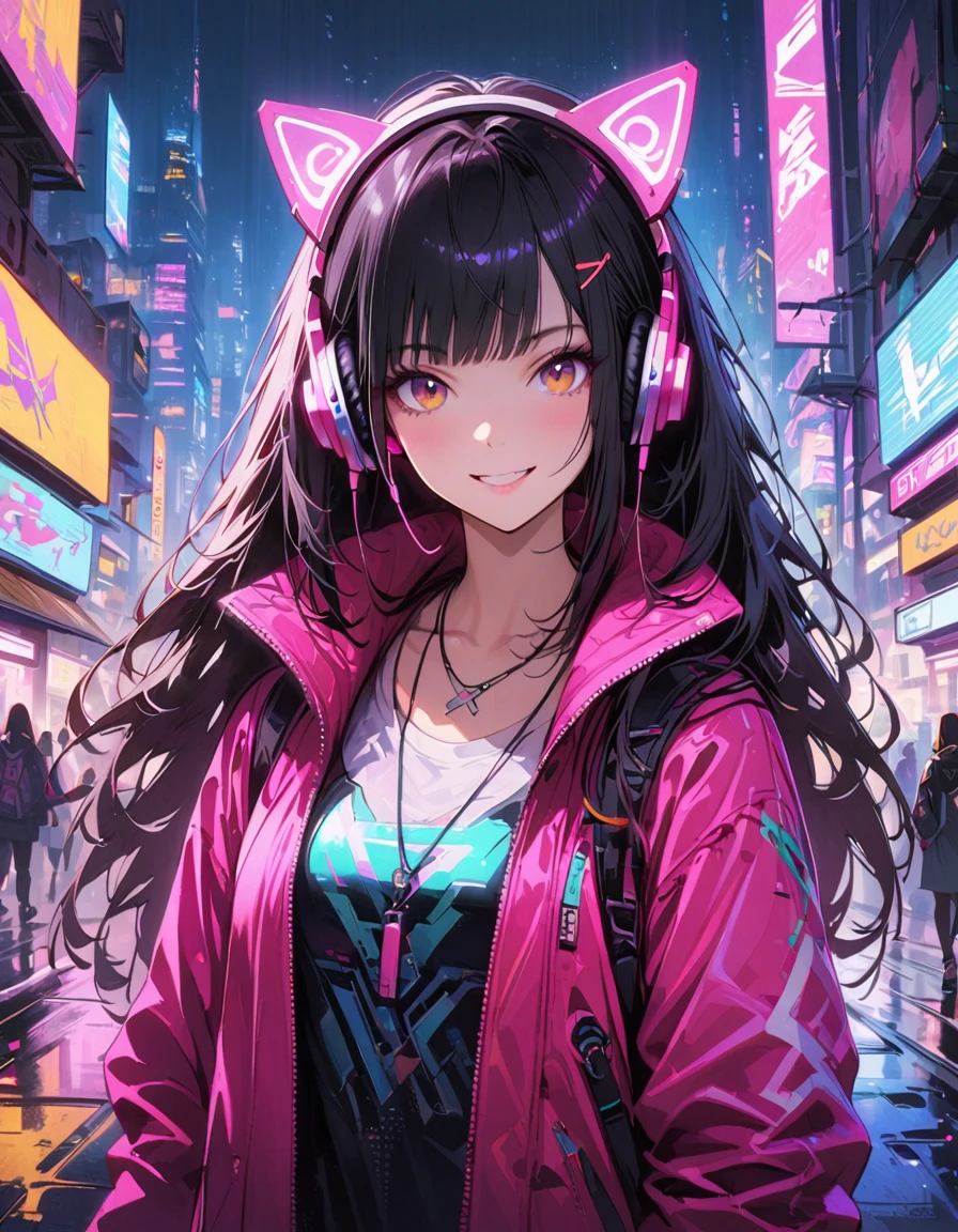 1girl,cyberpunk, Chinese girl, translucent,Wearing headphones,futuristic city, neon lights, high-tech, digital sky, large moon, flying cars, futuristic dress, glowing earphones, jewelry, necklace, long hair, transparent accessories, dynamic pose, smiling, facing camera, ultra-realistic, high-quality, 8K resolution, detailed, futuristic, modern fashion, traditional elements, glowing jewelry, cyberpunk fashion