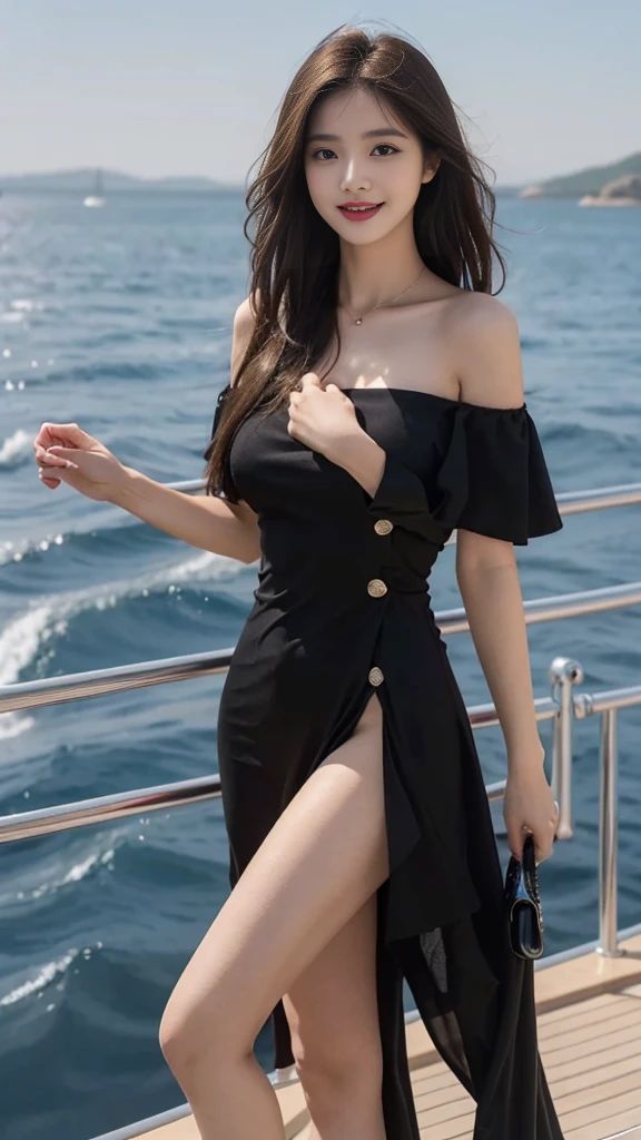 A sweet girl by the yatch luxury at the sea，voluminous hair，Delicate face，Photorealsitic，of a real，largeaperture，wears a black dress luxury，A cropped dress，Off-the-shoulder，A dress around the neck，Slim，smiles，Ultra-high resolution, Blurred background