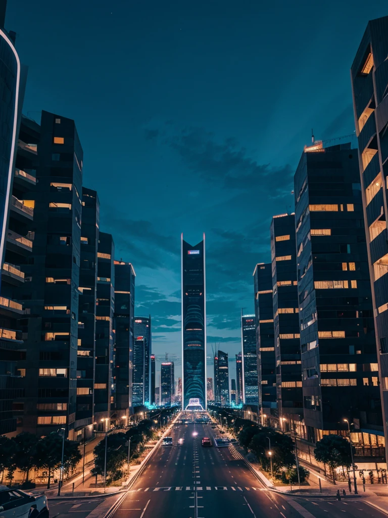 Ciudad futurista con enormes edificios de noche
