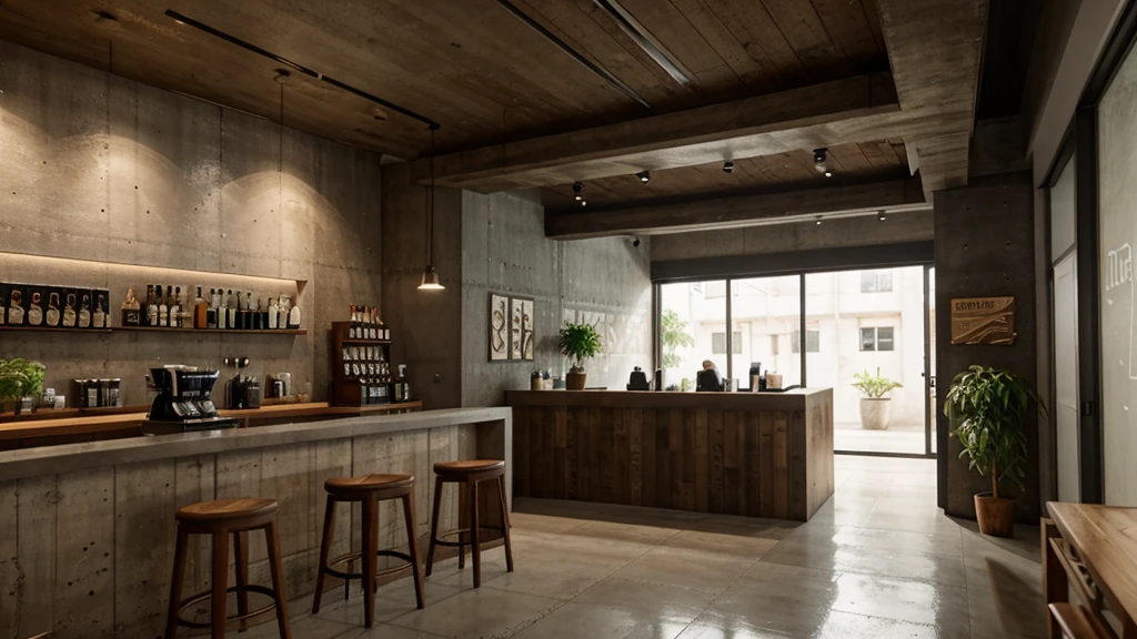 Interior corner of coffee bar interior with modern concrete rustic, LED lighting text with "Coffee Bean", with backdrop of natural light, wall decorated with old effect cement paint, mix with rivendell architecture, concrete hitech interior, atrium corner, open floor, many decorative plants in the house, garden in the interior, beautiful aesthetic design, minimalistic furniture in the wood, corner of cafe bar , rustic, filled with natural light, modern earthy neutral earthy, 8k, FHD, Octance Render