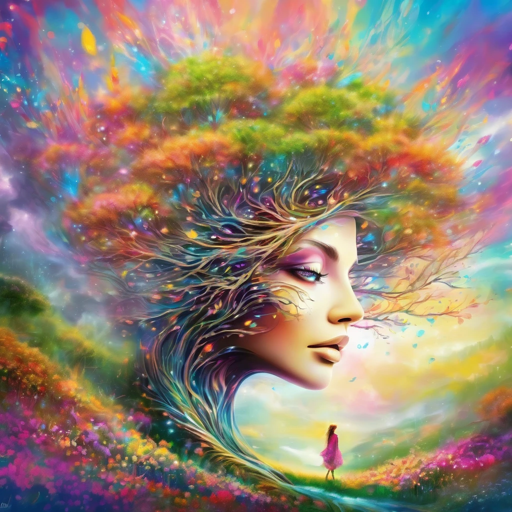 high resolution, Psychedelic style tree woman, cores brilhantes, olhos brilhantes, galhos fluindo, ethereal atmosphere, paisagem surreal, Detalhes intrincados, Leaves and flowers dance in the wind, magical aura, tufts of light and color around the tree-man, fantastic scenery, Mysterious and fascinating existence, Beleza de outro mundo, A calm and peaceful expression, arte inspirada na natureza, Elementos surrealistas, mythological and fantasy images.