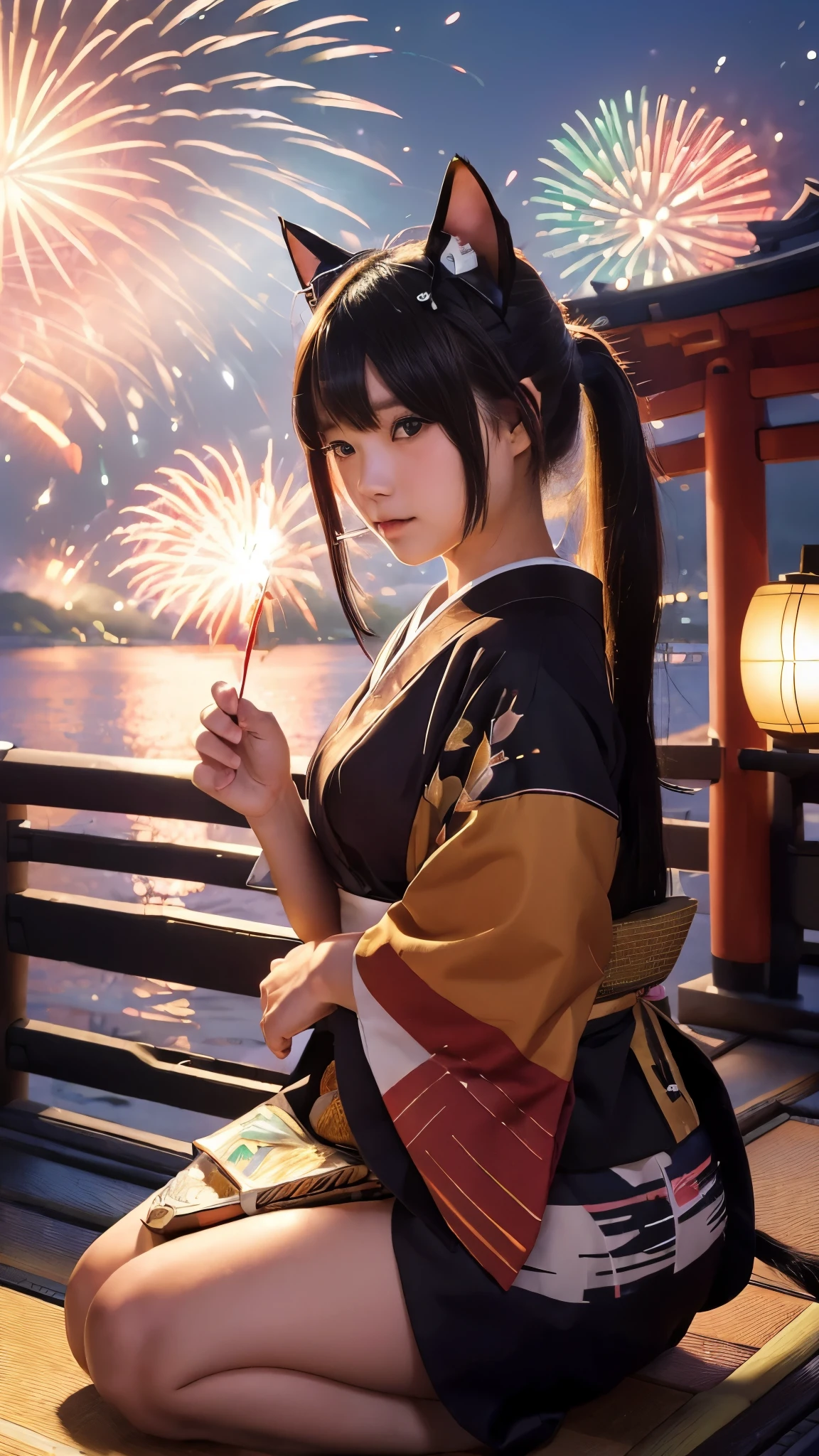 (Japanese idle:1.6), (Cat ears:1.3), yukata, (Fireworks:1.4), Sitting in sunset seashore,