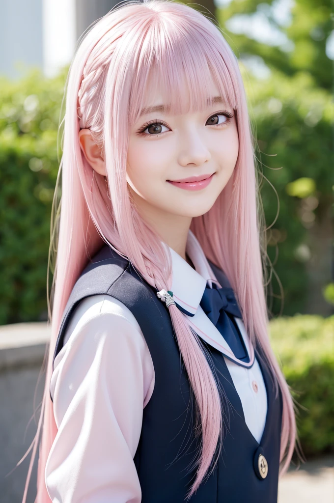 1girl, masterpiece, japanaese girl, absurderes, hight resolution, ultra-detailliert, depth of fields, masterpiece, , ((happy smile)), extremely detailed CG, 3D Photography, 3D background, Unity, 8K, Hi-Res, top-quality, shadowy, sharp focus, (super long hair:1.5), (school uniform:1.2), (pale pink hair:1.2), blush, A detailed eye, blurry backround, dynamic angle, closed mouth, Look at viewers, superclear, curvaceous girl,