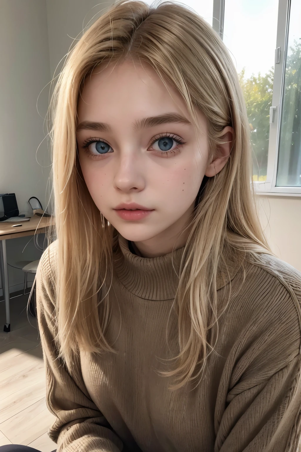 1Girl 18 years old, nur, Lange Haare, midsize , Blick auf den Betrachter, blondes Haar, nackte Schultern, braune Augen, Schmuck, full entire body, Halskette, schulterfrei, pullover, lips, realistisch, Nase, Flirten mit der Kamera