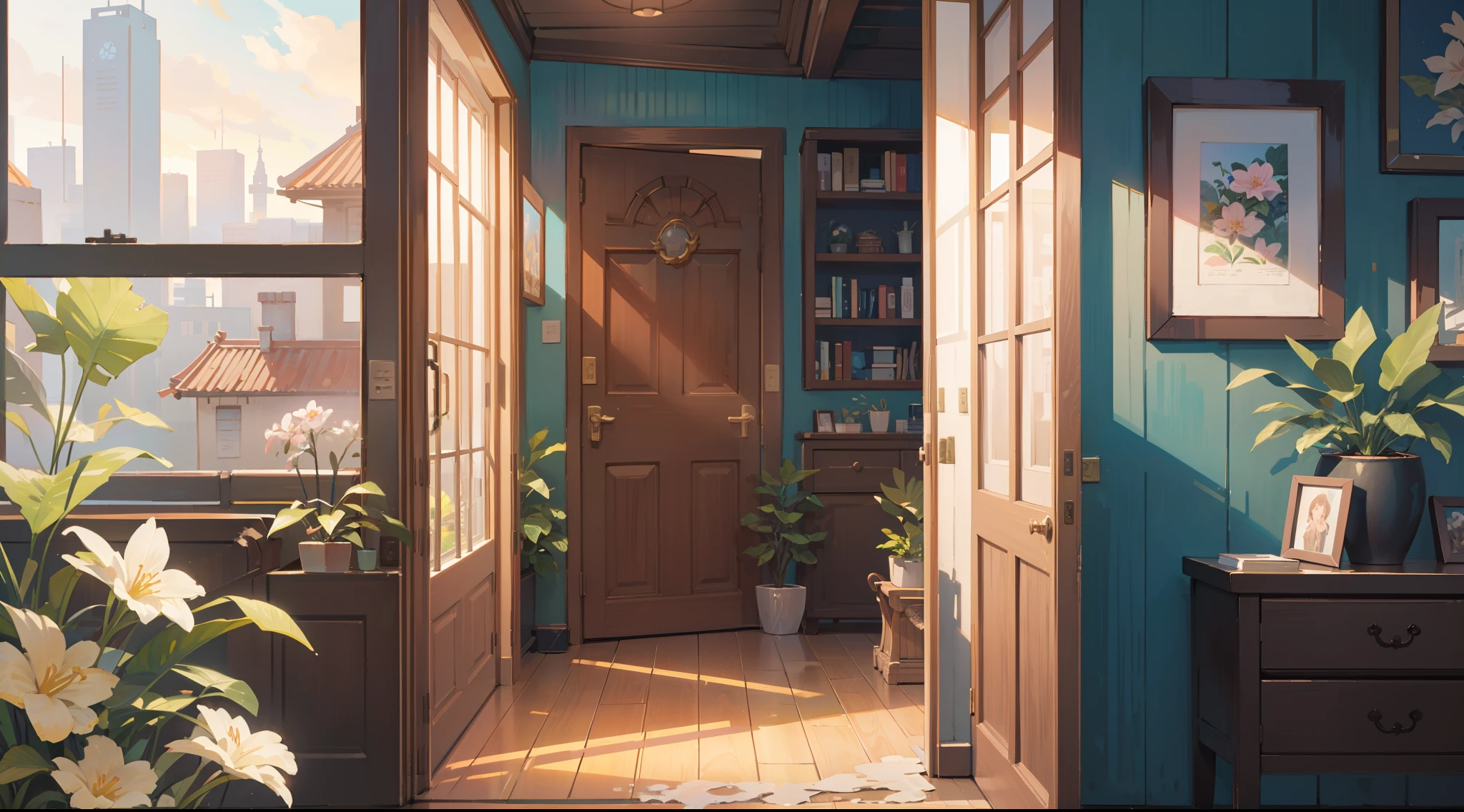 (Masterpiece), Best quality, Ultra-high resolution, detailed structure, Detailed architecture, (Warm pastel colors), indoor，（nobody：1.5）Pull the door frame to see the living room，Behind is the living room, plant, Stamens, indoor。Entrance