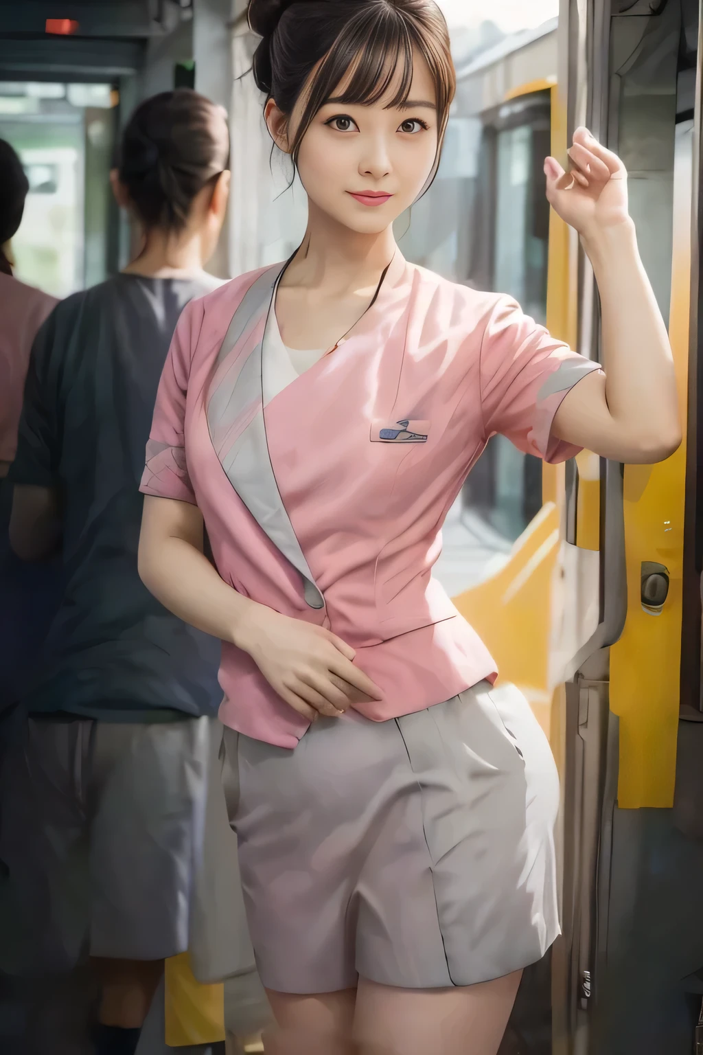 (masterpiece:1.2, Highest quality:1.2), 32K HDR, High resolution, (alone、1 girl)、(On the rooftop of a building in the daytime、Professional Lighting)、Building rooftop background、(Nankai train crew uniform pinkを着たリアルスタイル)、(Nankai train crew uniform pink short sleeve collarless pink jacket、Nankai Train Crew Uniform Pink Collarless Short Sleeve Blouse、Nankai Train Crew Uniform Pink Grey Knee-length Culottes)、((The bottom of the pink short-sleeved jacket cannot be tucked into the clay-colored culottes.))、Dark brown hair、(Hair tied up、Hair Bun、Hair Bun)、Dark brown hair、Long Shot、Big Breasts、Thin legs、((Great hands:2.0)),((Harmonious body proportions:1.5)),((Normal limbs:2.0)),((Normal finger:2.0)),((Delicate eyes:2.0)),((Normal eyes:2.0)))、(Nankai Train Crew Uniform Pink Grey Knee-length Culottesを見せた美しい立ち姿)、smile