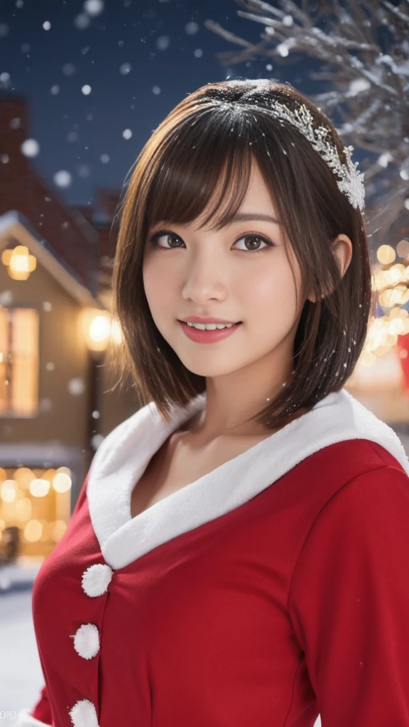 1girl, (santa claus costume:1.5), symmetry, beautiful cute ultra young girl, (slender figure:2.0), (ultra short hair:1.75), ultra big smile, (Beautiful large round droped detailed eyes:1.5), beautiful detailed lips, (extremely detailed beautiful face, natural makeup, Incredibly beautiful skin:1.5), (best quality,4k,8k,highres,masterpiece:1.75),(ultra-detailed,realistic,photorealistic,photo-realistic:2.0),professional,vivid colors,studio lighting,(snowing night town,christmas eve:1.25)