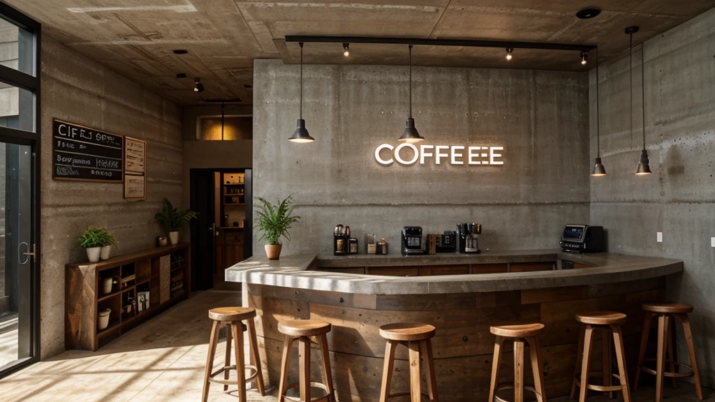 Interior corner of coffee bar interior with modern concrete rustic, LED lighting text with "Coffee Bean", with backdrop of natural light, wall decorated with old effect cement paint, mix with rivendell architecture, concrete hitech interior, atrium corner, open floor, many decorative plants in the house, garden in the interior, beautiful aesthetic design, minimalistic furniture in the wood, corner of cafe bar , rustic, filled with natural light, modern earthy neutral earthy, 8k, FHD, Octance Render