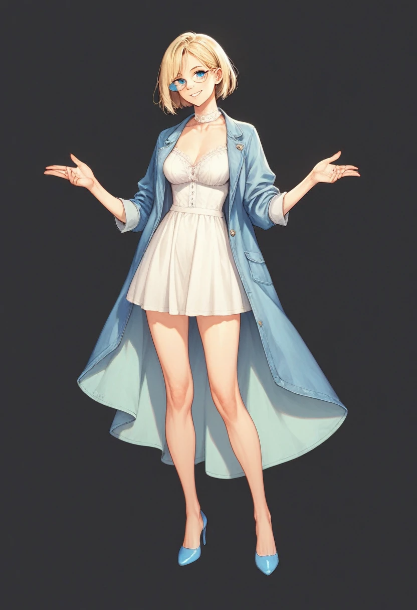 beautiful woman, solo, full body, standing, medium bob cut blonde hair, light blue eyes, two points glasses, medium breasts, blue opened jacket, white blouse, white long pleats skirt, blue high heels, soft smile, perfect hands with 5 fingers, black background, no background
