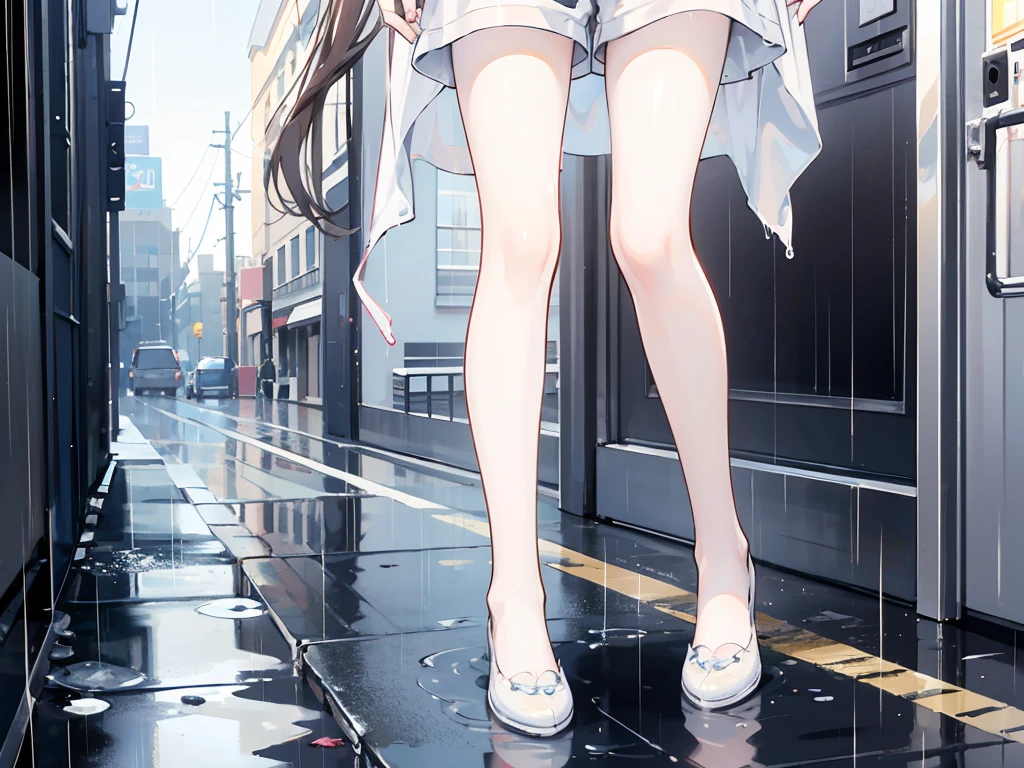 A 15-year-old girl，fair，Long brown hair，Very thin，small thin legs，rain，street，White shirt，Wet clothes，shorts，Bare legs，The legs are very thin，energetic，whole body，