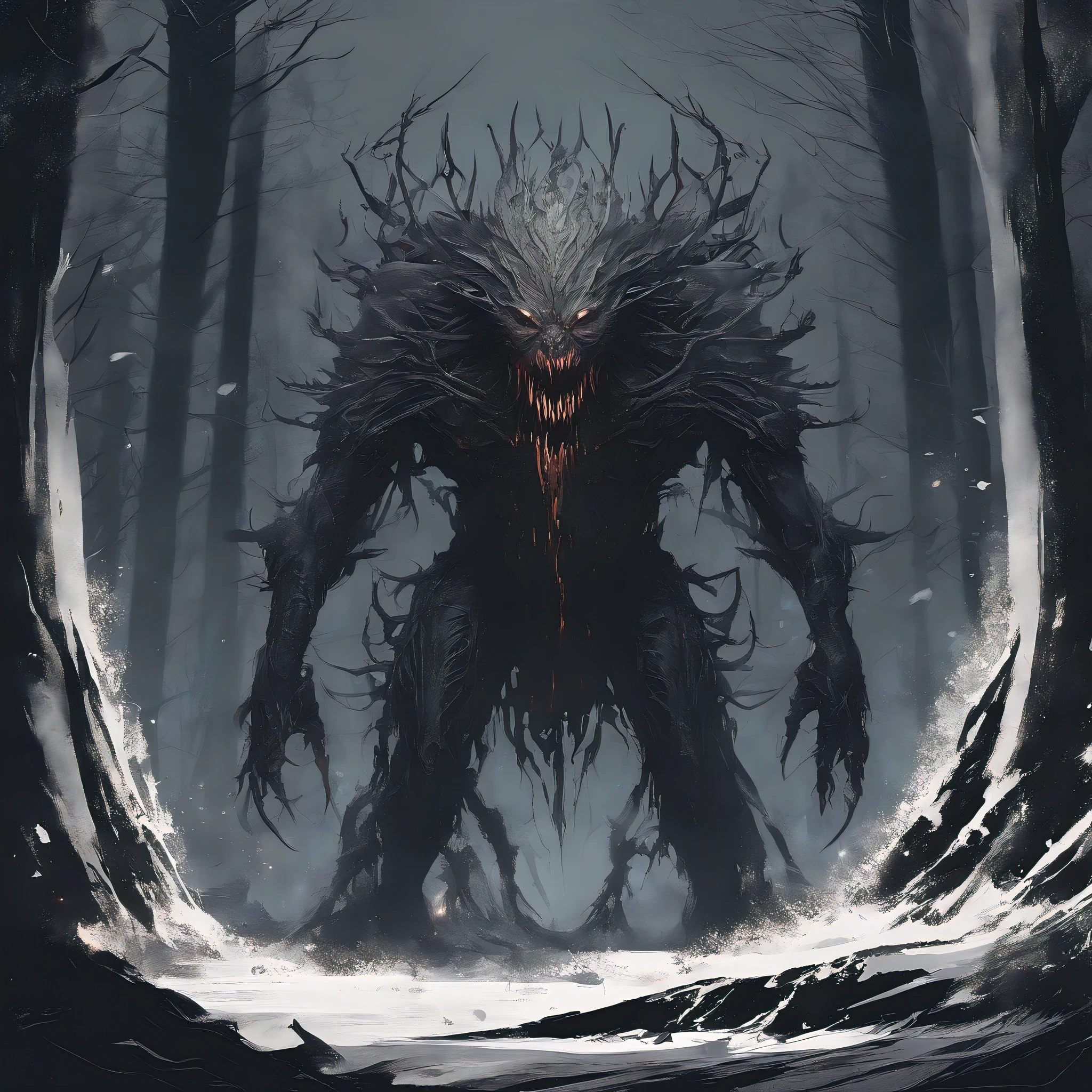 a humanoid dark color creature having a thornful body , eerie eyes , and sharp detail teeth , menacing look having a background of a dark eerie scary looking forest using high quality , high details in 32k resolution