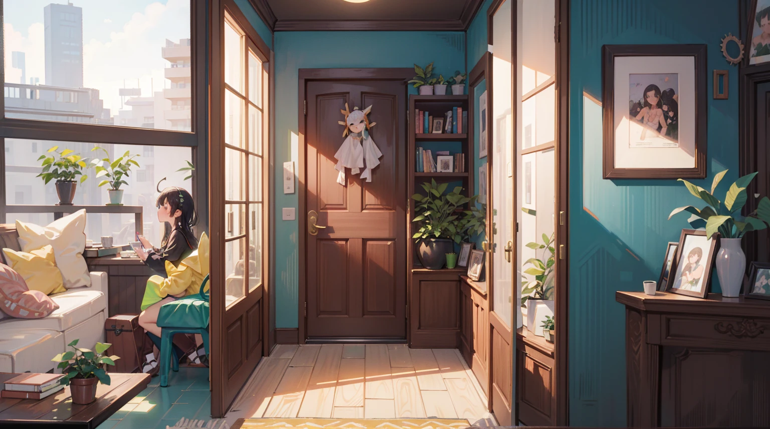(Masterpiece), Best quality, Ultra-high resolution, detailed structure, Detailed architecture, (Warm pastel colors), indoor,(nobody:1.5)Pull the door frame to see the living room,Behind is the living room, plant, Stamens, indoor。Entrance