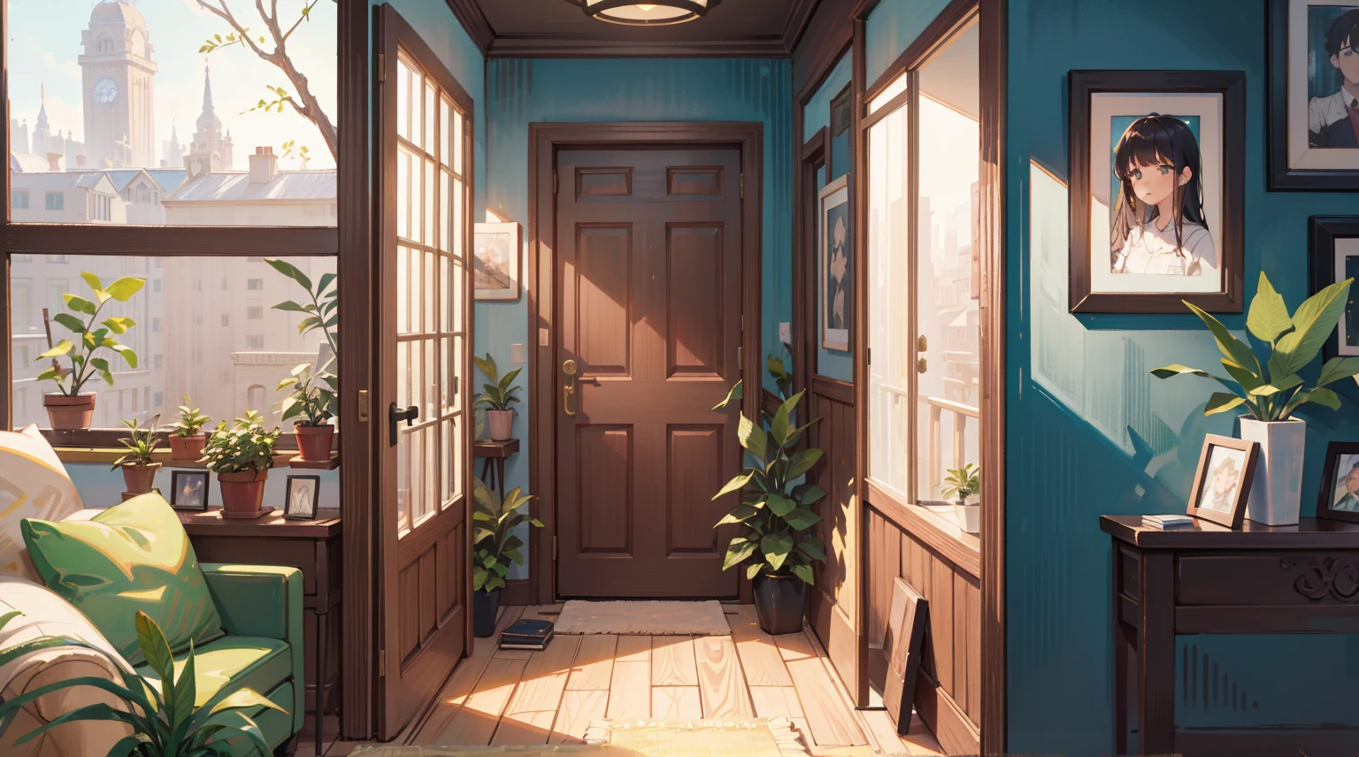 (Masterpiece), Best quality, Ultra-high resolution, detailed structure, Detailed architecture, (Warm pastel colors), indoor,(nobody:1.5)Pull the door frame to see the living room,Behind is the living room, plant, Stamens, indoor。Entrance