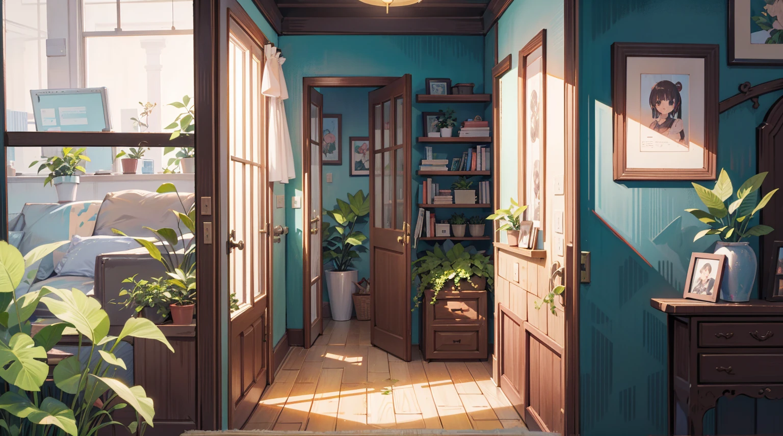 (Masterpiece), Best quality, Ultra-high resolution, detailed structure, Detailed architecture, (Warm pastel colors), indoor，（nobody：1.5）Pull the door frame to see the living room，Behind is the living room, plant, Stamens, indoor。Entrance