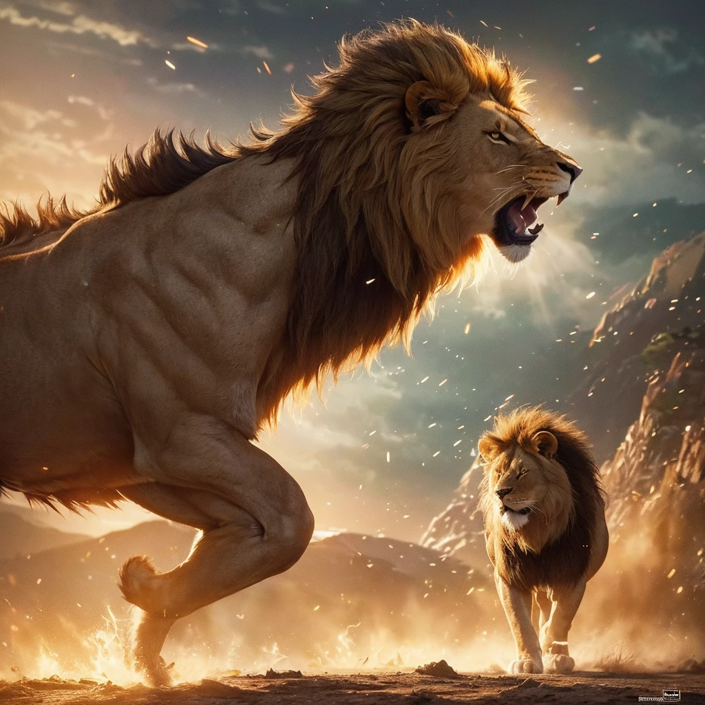 super fine illustration, top quality, fierce lion, dynamic pose, roaring expression, detailed mane, powerful movement, swirling dust, vibrant colors, dramatic lighting, intense action, majestic presence, epic battle scene, realistic style, wild nature, heroic theme, energetic composition