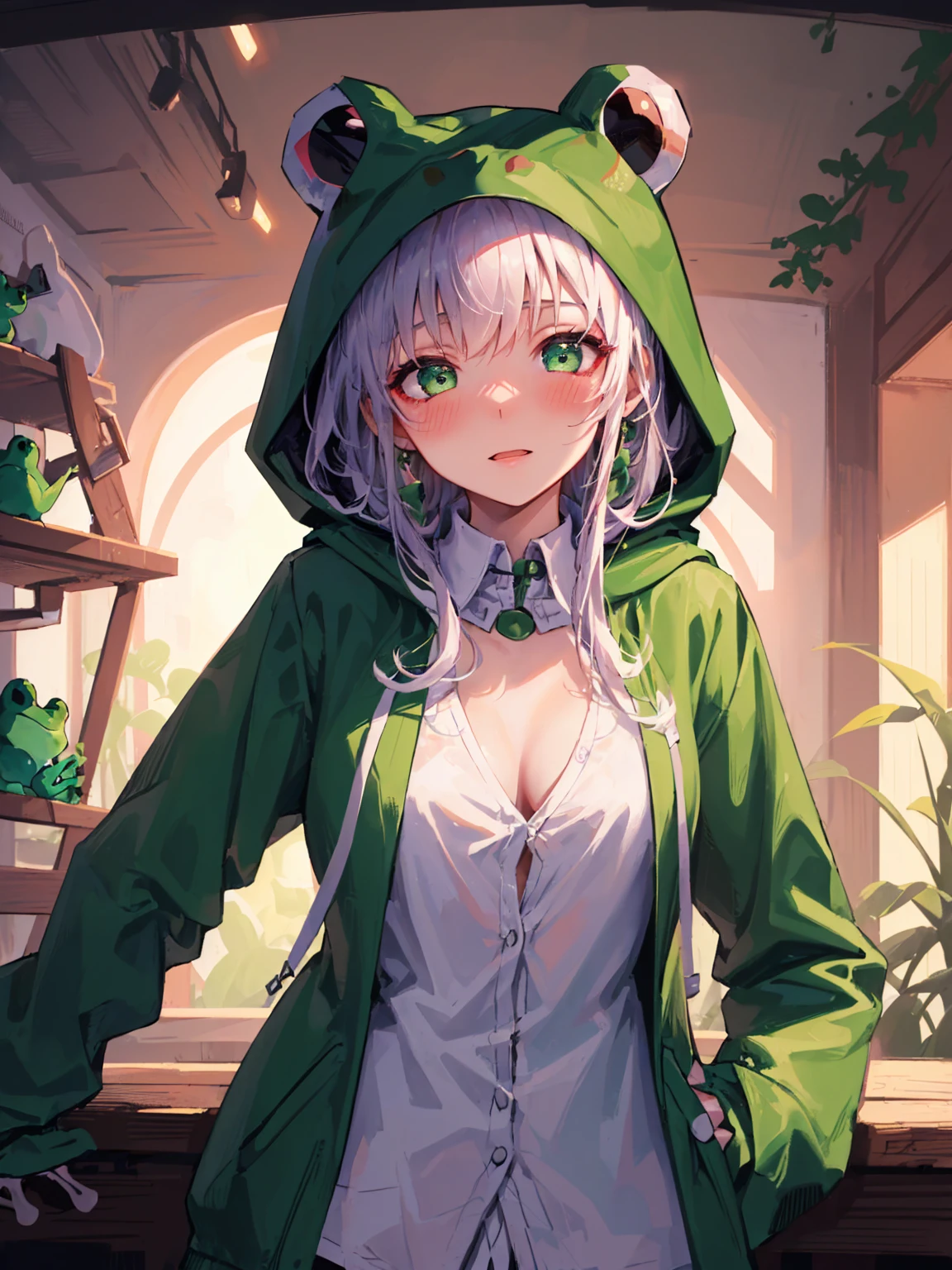 ((masterpiece, best quality)), highres, 8k, cinematic light, high contrast, depth of field, intense glow, detailed background, 1girl, cute, detailed eyes, sparkle in eyes, detailed iris, grin, stylized, (green_messy_hair:1.3), luminous, dreamer, dreamy eyes, sleepy, (green_eyes:1.3) enchanted green eyes, hood, hoodie, frog hoodie, (frog hood:1.5), froggy, (frog in disguise:1.3), unzipped hoodie, open clothes, (green_hoodie:1.3), cute, cute expression, (blushing:1.3)