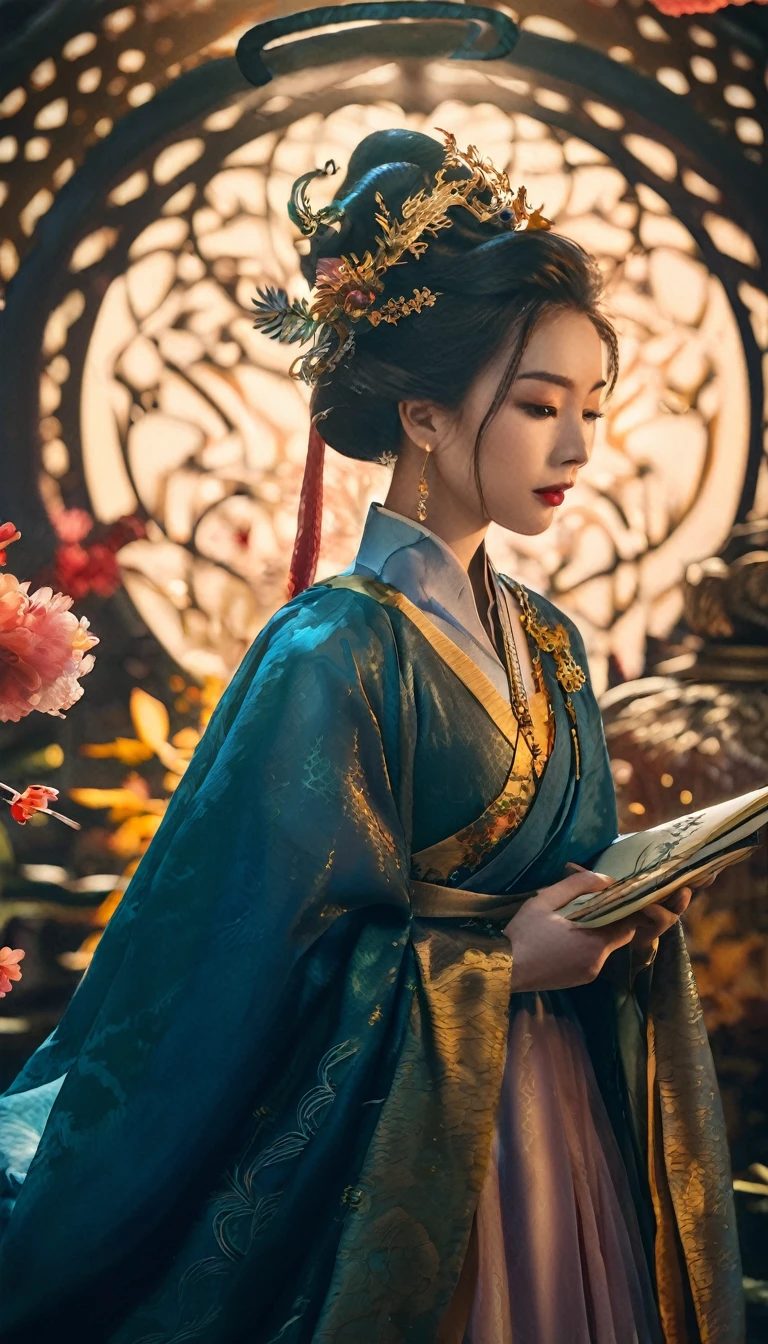Mysterious fantasy concept art of The woman in hanfu. grow, Celestial, Mysterious, Picturesque, amazing, Majestic, magical, Fantasy art, Cover art, dream-like, elegant, Cinematic, saturated color, Dramatic atmosphere, Sharp focus, Very detailed, The finer details, A wonderful composition, creative, colorful, complicatedな, magic, Full Color, complicated