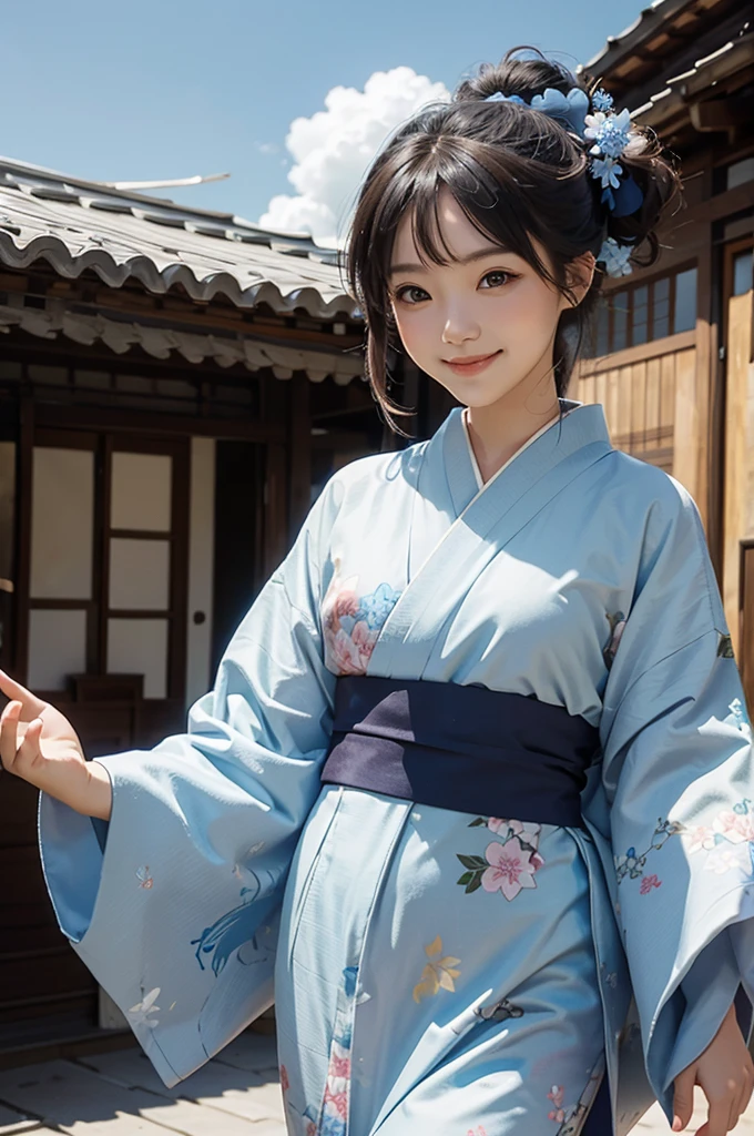 A smiling girl in a kimono dances under the blue sky, saying "Good morning"