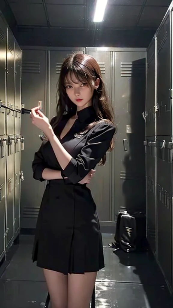 (masterpiece、highest quality、Highest quality),(night:1.8,Dark Room:1.6, Cinematic Lighting:1.5, Dark locker room:1.5),The perfect person、The perfect background、Perfect Fingerature girl、Gigantic、Slender body、Black high school girl uniform、Half-dressed、