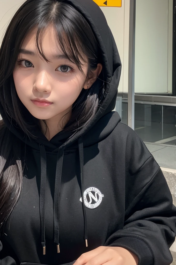A girl with long black hair wearing a black hoodie