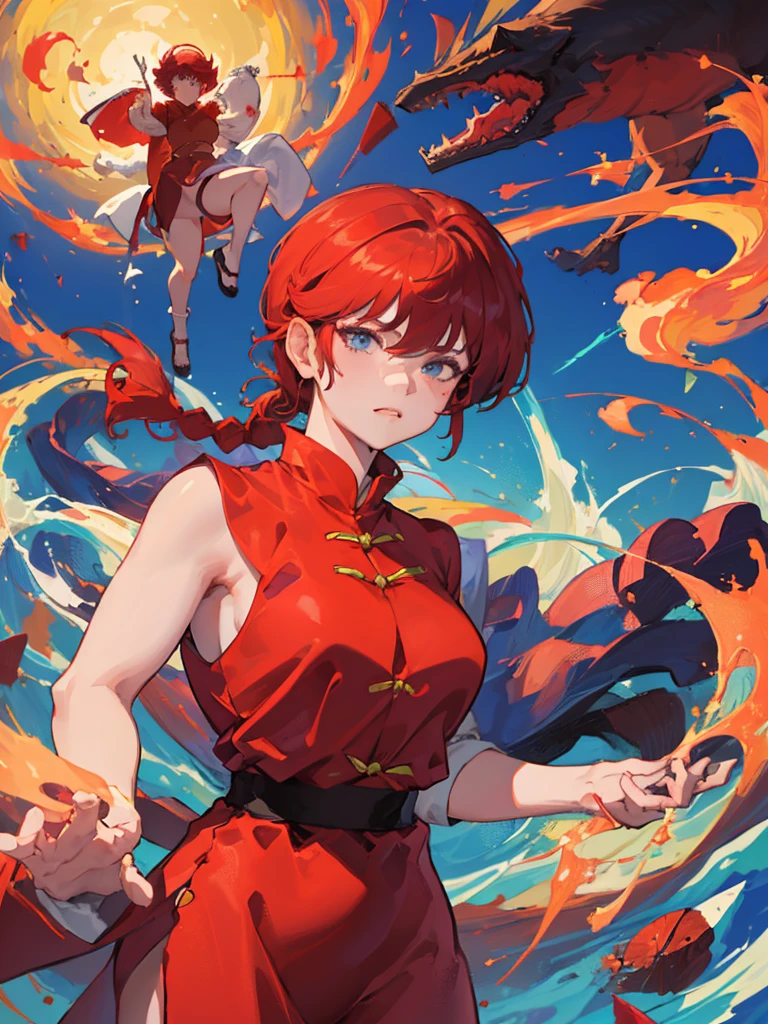 ((masterpiece:1.4)), expensive quality, very_expensive_solve, big_file size, Full Color, Thick outline, Clear contours, colorful, (Beautiful fine details, Are thin:1.4), ((Beautiful Face:1.0)), ((Boyish face:1.4)), 1 girl, (Ranma), (Redhead), short hair, (Braided Ponytail), ((bangs)), bumpy bangs, Blue-gray eyes, Big Breasts, Curvy, Ranma, Braided Ponytail, (Red Chinese Clothing, Short sleeves in red), No sleeve, Tangzhuang, (Black trousers), Are standing, ((, Are thin:1.4)), ((from the front:1.4)), Are thin:1.4
