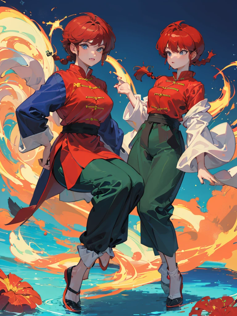 ((masterpiece:1.4)), expensive quality, very_expensive_solve, big_file size, Full Color, Thick outline, Clear contours, colorful, (Beautiful fine details, Are thin:1.4), ((Beautiful Face:1.0)), ((Boyish face:1.4)), 1 girl, (Ranma), (Redhead), short hair, (Braided Ponytail), ((bangs)), bumpy bangs, Blue-gray eyes, Big Breasts, Curvy, Ranma, Braided Ponytail, (Red Chinese Clothing), No sleeve, Tangzhuang, Black trousers, Are standing, ((, Are thin:1.4)), ((from the front:1.4)), Are thin:1.4