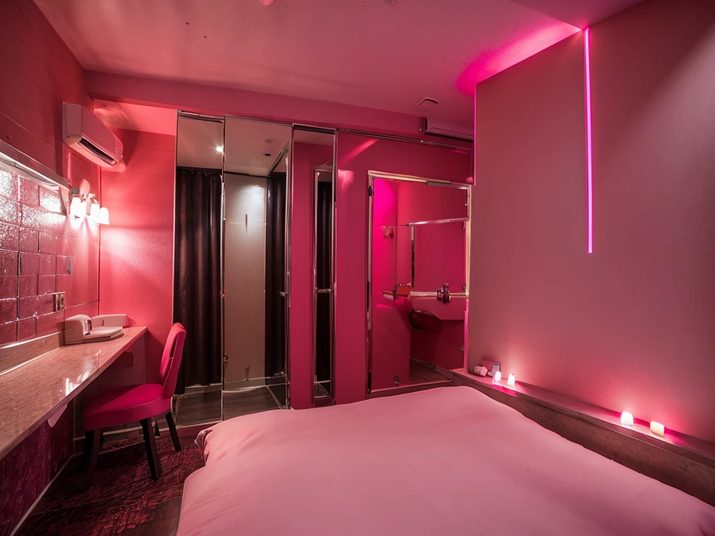 Lovehotel,lighting off,pink light,red suit,Mirror all over the wall,