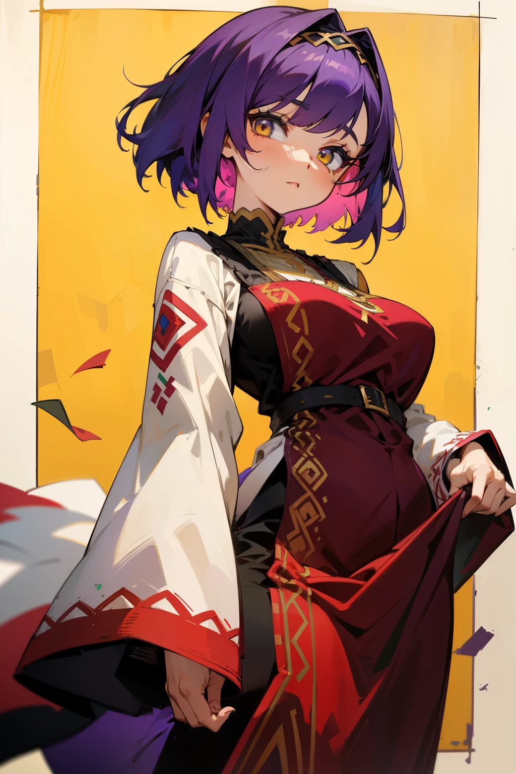 Girl, short purple hair, yellow eyes, big breasts, traditional Palestinian dress for women, red embroidered Palestinian dress