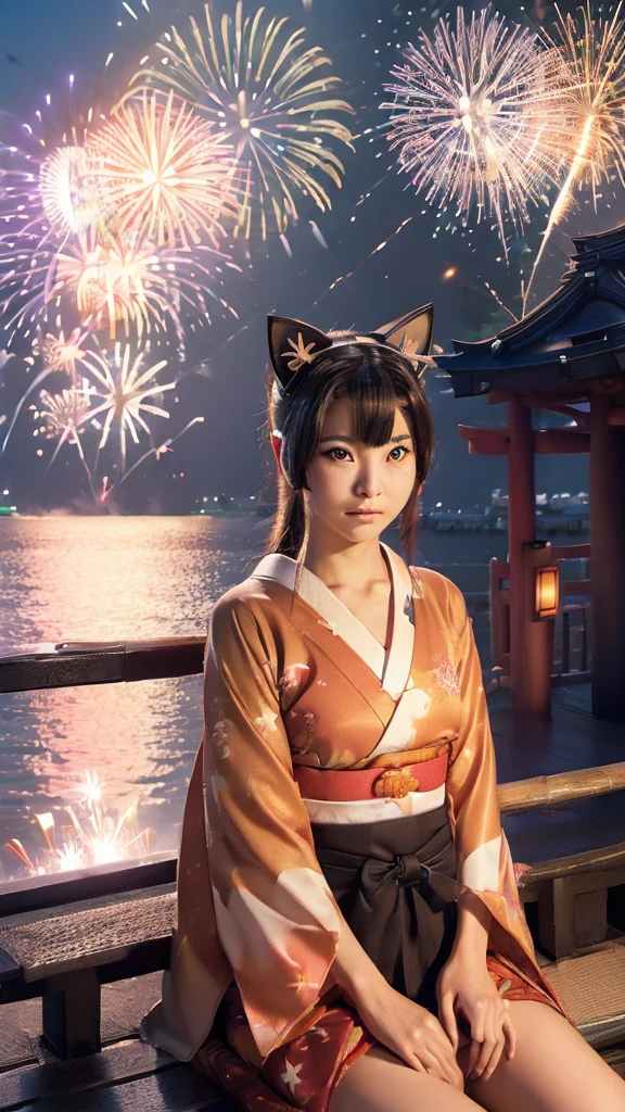 (Japanese idle:1.6), (Cat ears:1.3), yukata, (Fireworks:1.4), Sitting in sunset seashore,