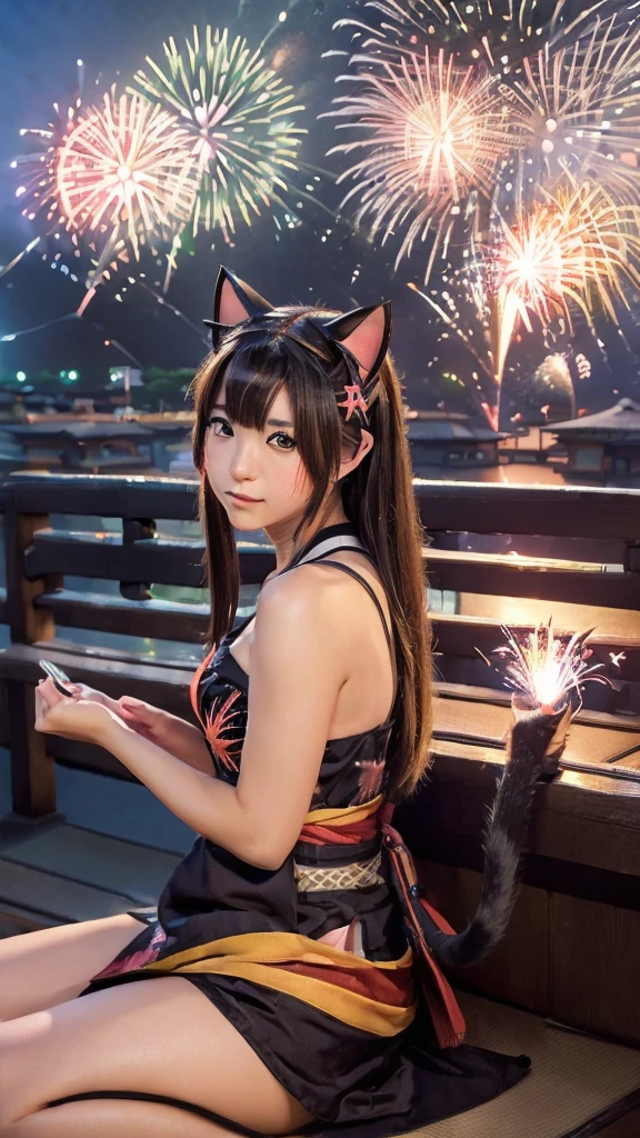 (Japanese idle:1.6), (Cat ears:1.3), yukata, (Fireworks:1.4), Sitting in sunset seashore,