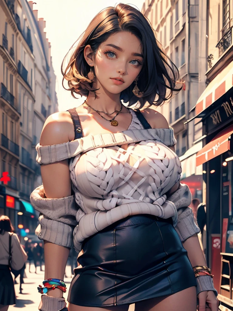 (8K, RAW photos, best quality, masterpiece:1.2), (realistic, photo-realistic:1.3)、realistic expression, 26 year old Japanese woman、hair is gray、Eye color is dark blue、blushing with shame, smile, high definition face, Curly short hair、venus body、 C cup breasts, Sagging breasts due to gravity, (((She is exposing her shoulders in Paris, France (((Big sweater and miniskirt)))I'm wearing))). no bra, very clear blue sky, Glowing skin under clear sunlight, whole body, looking at the camera. (((slim body)))