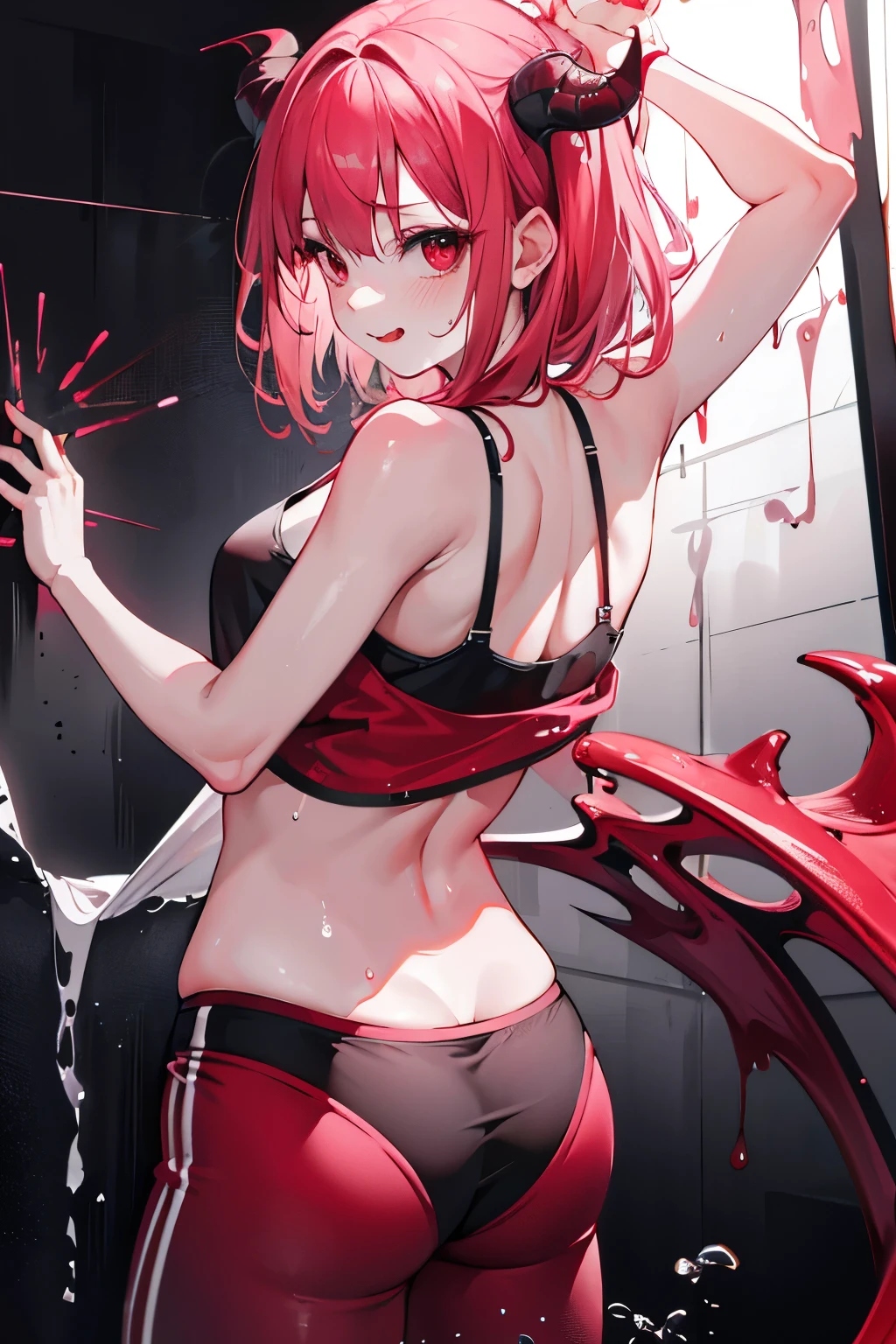 underdressing,Love,Playful,Sticking out tongue,Red Eyes,Sweat,Soaked,liquid,transparent,Back,Cropped tops,Hips,succubus,pink