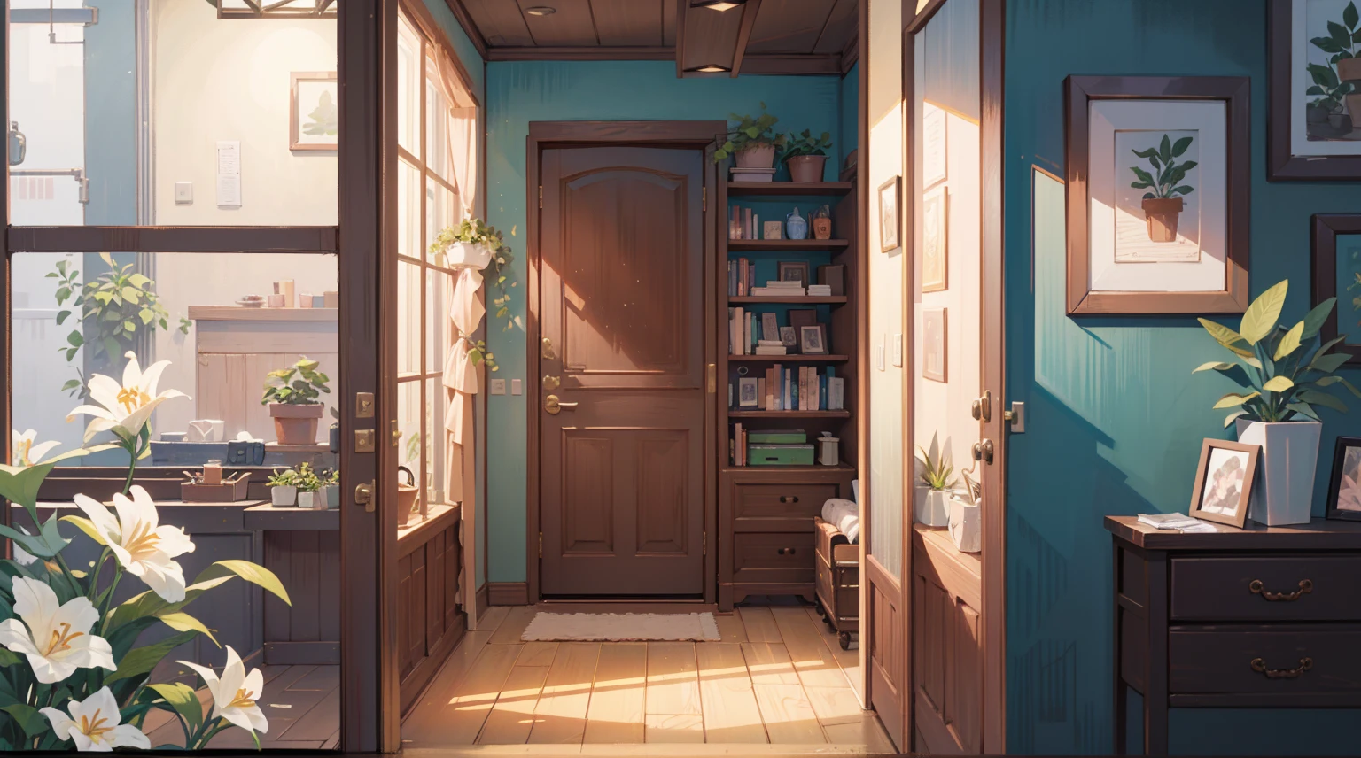 (Masterpiece), Best quality, Ultra-high resolution, detailed structure, Detailed architecture, (Warm pastel colors), indoor,(nobody:1.5)Pull the door frame to see the living room,Behind is the living room, plant, Stamens, indoor。Entrance
