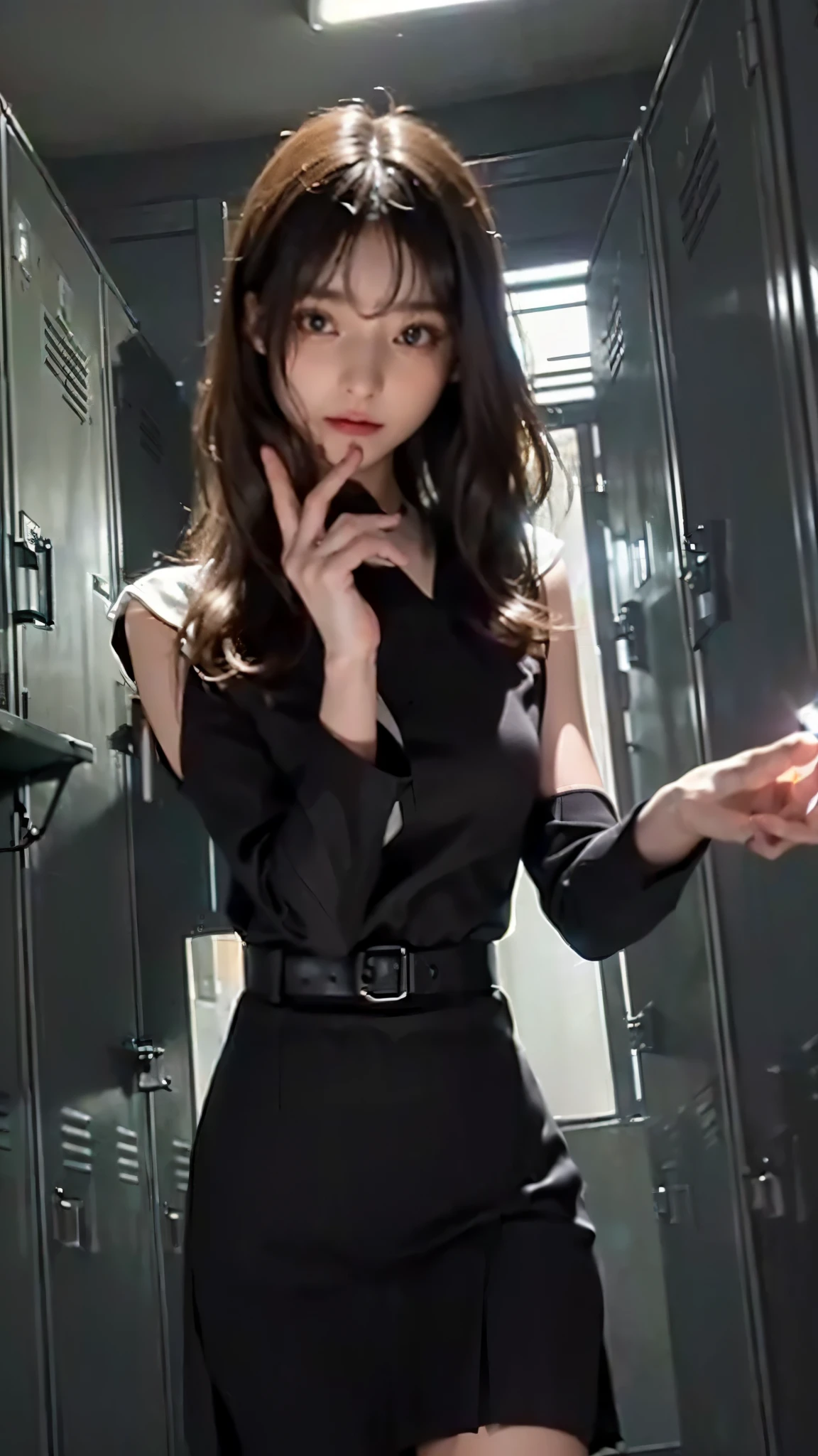(masterpiece、highest quality、Highest quality),(night:1.8,Dark Room:1.6, Cinematic Lighting:1.5, Dark locker room:1.5),The perfect person、The perfect background、Perfect Fingerature girl、Gigantic、Slender body、Black high school girl uniform、Half-dressed、
