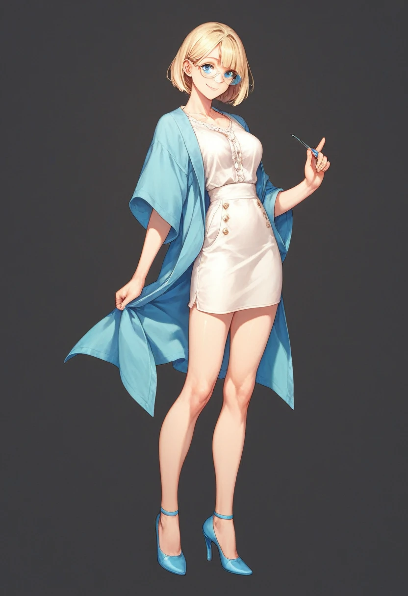 beautiful woman, solo, full body, standing, medium bob cut blonde hair, light blue eyes, two points glasses, medium breasts, blue opened jacket, white blouse, white long pleats skirt, blue high heels, soft smile, perfect hands with 5 fingers, black background, no background