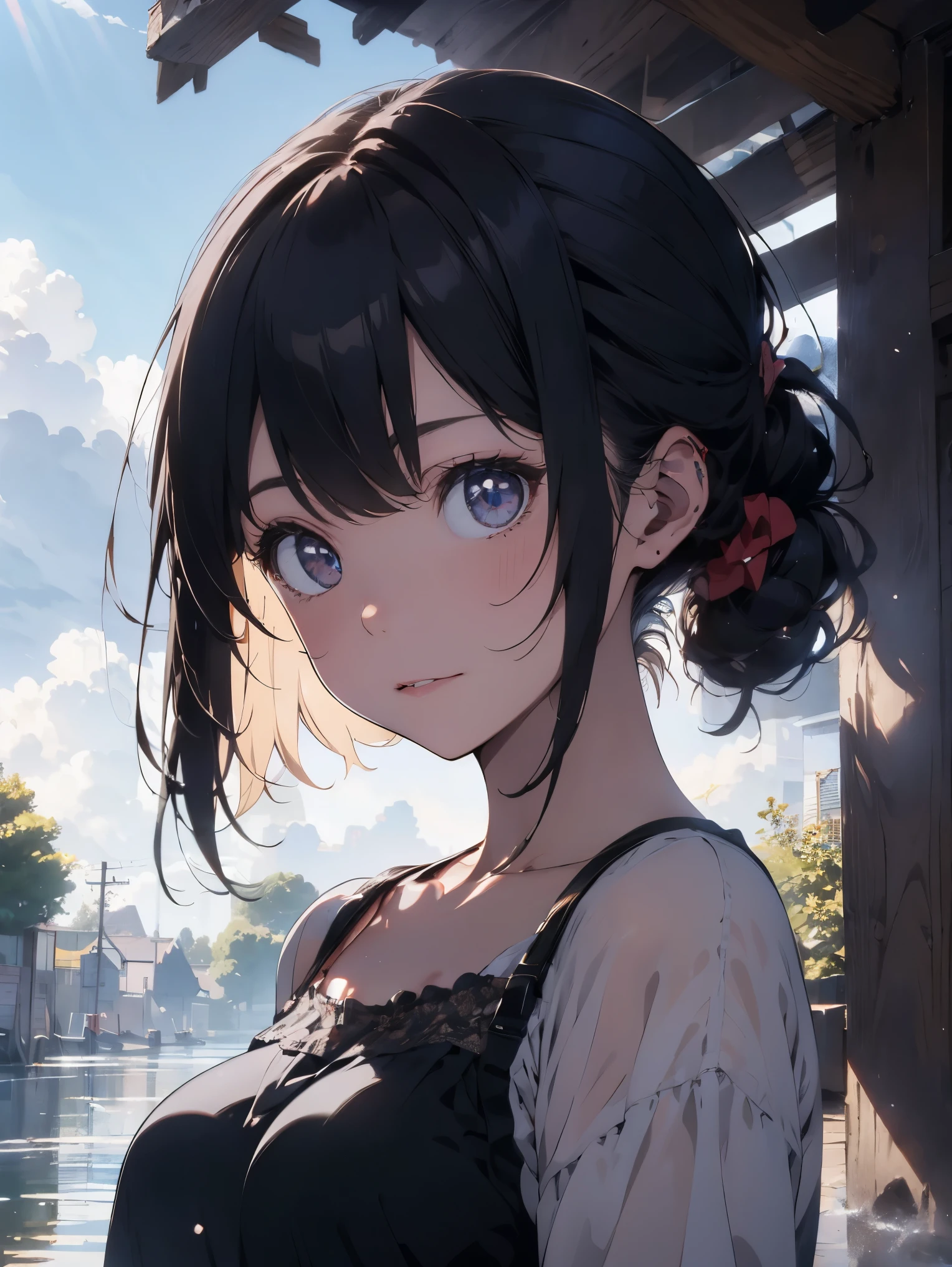 water, Wet, waterしぶき, liquid, sunny, Day, blue sky, cloud, nature, nature環境, (Character Focus:1.1), Sharp focus, Realistic, Very detailed, Super detailed, Highest quality, Highest quality, Realistic lighting, Super detailedな, Hyperrealism, Greg Rutkowski、Large Breasts、Bust Shot、camisole