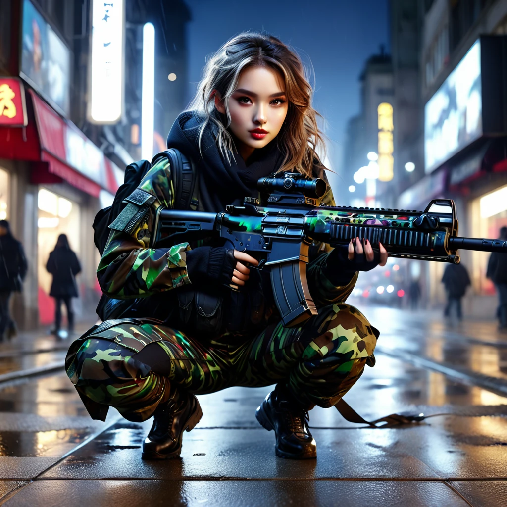 ((A young and very beautiful woman with full body night camouflage paint、Crouching with legs wide apart。.:1.4))、(Shooting from a low angle to emphasize the crotch:1.5)、(Anatomically correct fingers:1.5)、(Carrying an assault rifle)、Attractive hairstyles、Ideal ratio、Porcelain-white skin、Looking into the camera、rainy night city street、Detailed face and body、Realistic、8k、Very detailed、Cinema Lighting、Dramatic Shadows、Complex clothing folds、Rich environment、Bright colors、