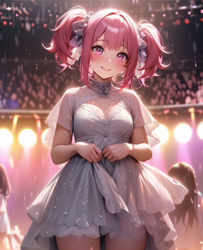 One Girl、Looking at the audience、lovely,
Beautiful pink eyes、short twin tail hair , Mole under the eye、Plump and glossy lips、Heart-shaped choca、Idol、Her name is Rico,smile、ー、。.。.。.。.。.。.。.。.。.。.。.。.。.。.。.。.。.。.3D、Realistic、
The idol's costume was soaked in the heavy rain, and her chest was wet and transparent.Heavy rain at outdoor concert, Drape clothes、gem、The decoration has been removed、Floral、Lace trim,On a glittering stage、
masterpiece、highest quality、8k、Detailed skin texture、Detailed cloth texture、Beautifully detailed face、Intricate details、Very detailed、
超A high resolution、8k Ultra HD、Film Grain、Best Shadow、delicate、Gazing at the audience、front