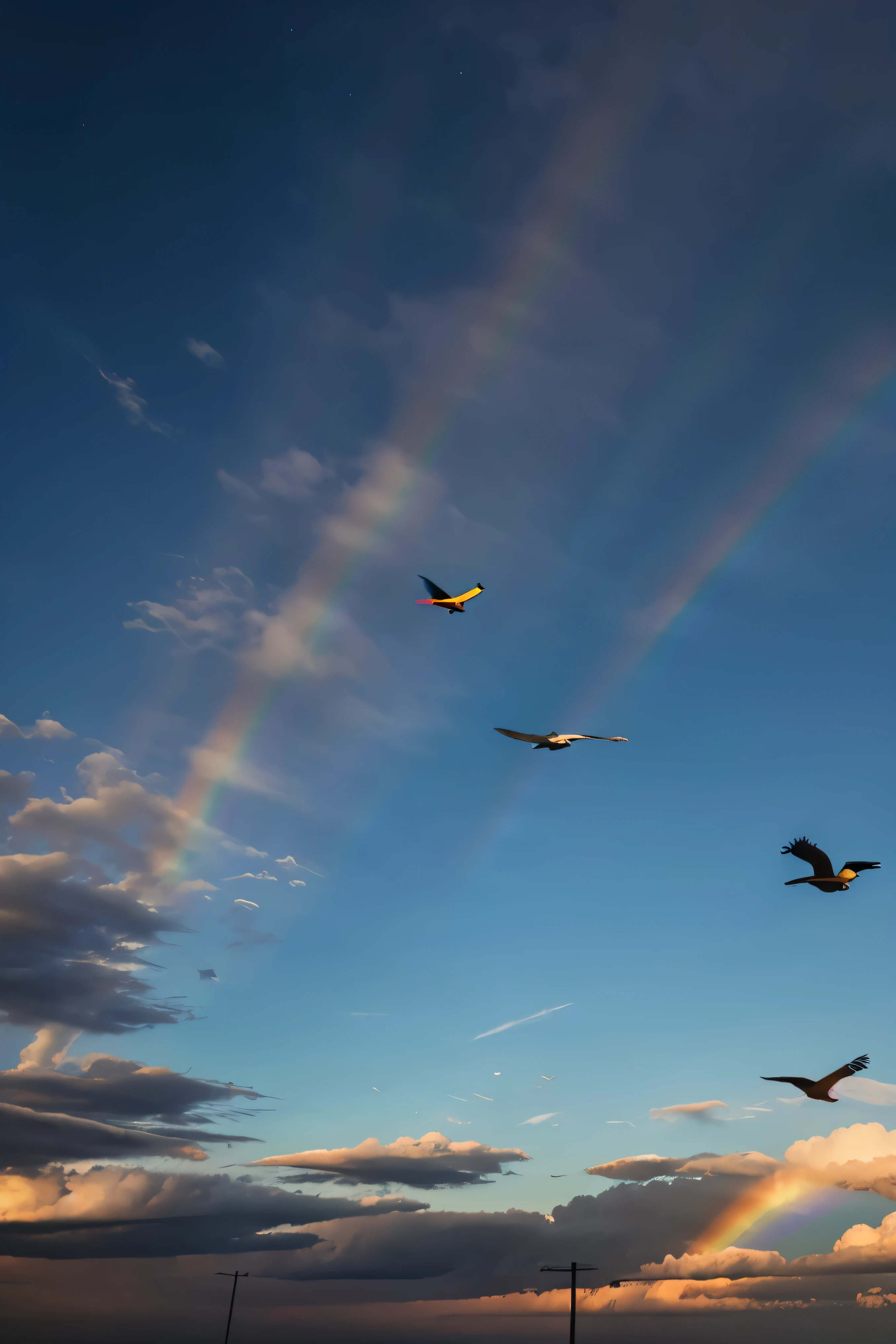 Birds fly in the rainbow sky