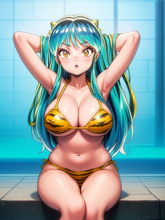 Lum invader, bikini, tiger stripe, wide hips, gigantic breasts, sitting on knees, arms behind head