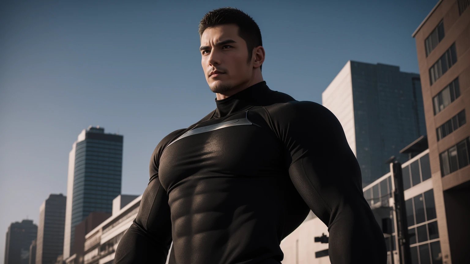 Super muscular man hugging,  Sad eyes，Wear sunglasses，They embrace affectionately，short hair，On a vintage outdoor street under the hot sun, Wear long sleeves, Deep turtleneck bodysuit, Thickened warm elastic texture，The clothes are dirty，There are mud stains，Looks sad, Thick thighs, messy hair, Thick thighs, High target-necked long-sleeved dark yellow high-necked tights, very tight, Regular symmetrical pattern, High targetlight muscles, Police uniform pants, character concept（Resident Evil - chris redfield, chris redfield）A proud expression, Deep and charming eyes, Valiant male pose, tall Burly, muscular！muscular thighs, Tough Guy, Perfect facial features, High target, Burly, Heqiang, Super exquisite and cool, High target Resolution Committee, Attractive, The sun is blazing, Dazzling