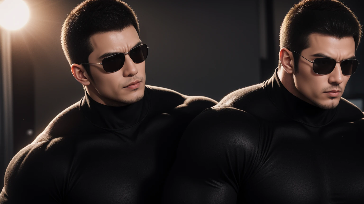 Super muscular man hugging,  Sad eyes，Wear sunglasses，They embrace affectionately，short hair，On a vintage outdoor street under the hot sun, Wear long sleeves, Deep turtleneck bodysuit, Thickened warm elastic texture，The clothes are dirty，There are mud stains，Looks sad, Thick thighs, messy hair, Thick thighs, High target-necked long-sleeved dark yellow high-necked tights, very tight, Regular symmetrical pattern, High targetlight muscles, Police uniform pants, character concept（Resident Evil - chris redfield, chris redfield）A proud expression, Deep and charming eyes, Valiant male pose, tall Burly, muscular！muscular thighs, Tough Guy, Perfect facial features, High target, Burly, Heqiang, Super exquisite and cool, High target Resolution Committee, Attractive, The sun is blazing, Dazzling