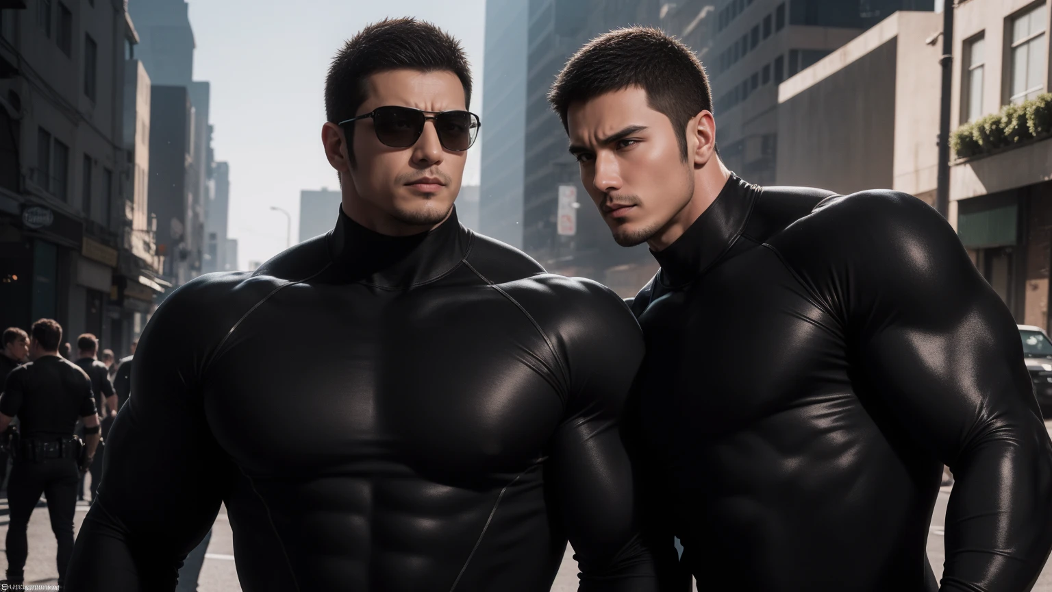 Super muscular man hugging,  Sad eyes，Wear sunglasses，They embrace affectionately，short hair，On a vintage outdoor street under the hot sun, Wear long sleeves, Deep turtleneck bodysuit, Thickened warm elastic texture，The clothes are dirty，There are mud stains，Looks sad, Thick thighs, messy hair, Thick thighs, High target-necked long-sleeved dark yellow high-necked tights, very tight, Regular symmetrical pattern, High targetlight muscles, Police uniform pants, character concept（Resident Evil - chris redfield, chris redfield）A proud expression, Deep and charming eyes, Valiant male pose, tall Burly, muscular！muscular thighs, Tough Guy, Perfect facial features, High target, Burly, Heqiang, Super exquisite and cool, High target Resolution Committee, Attractive, The sun is blazing, Dazzling